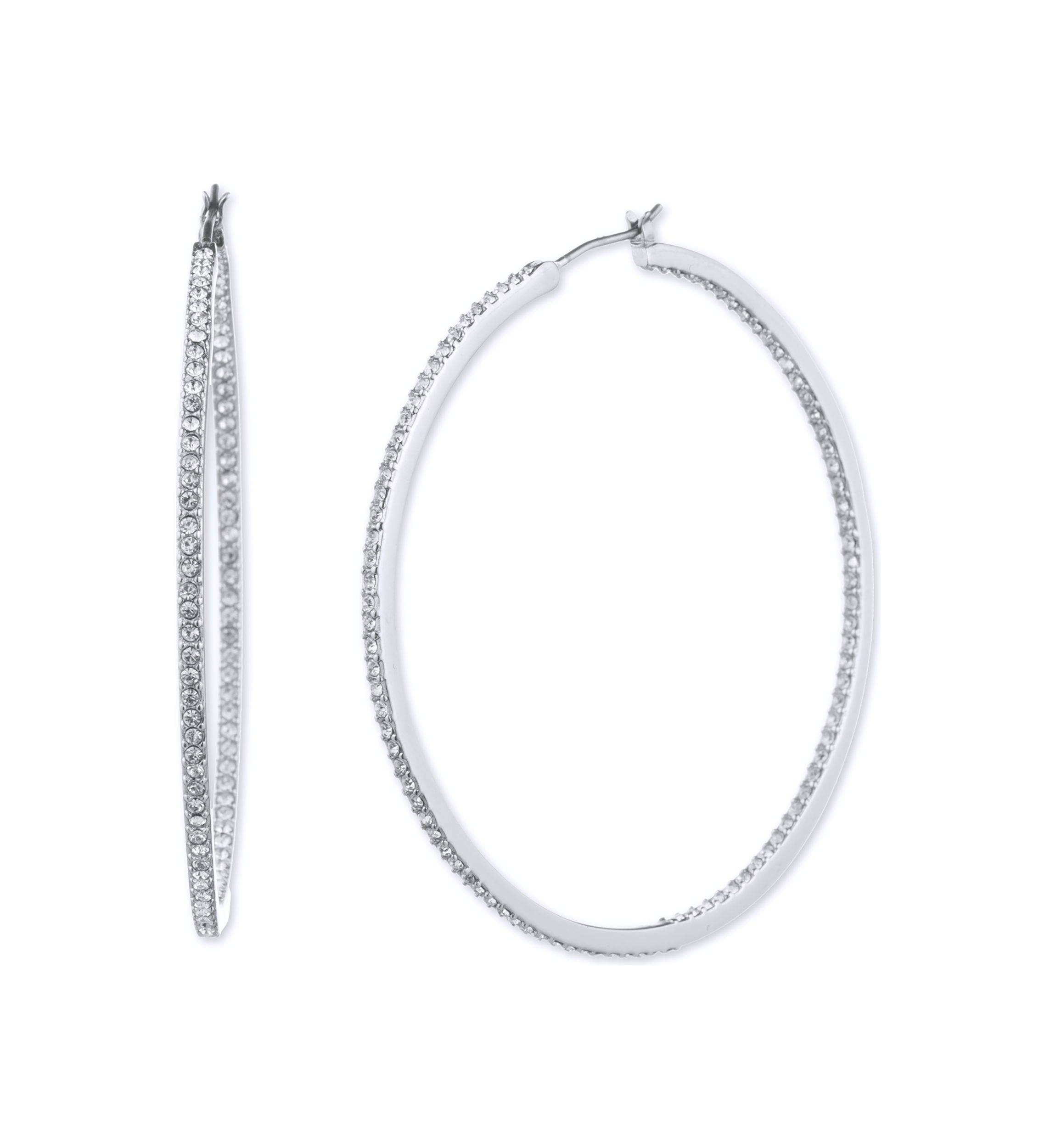 Silver Tone Crystal Large Click Top Pavé Hoop Earrings