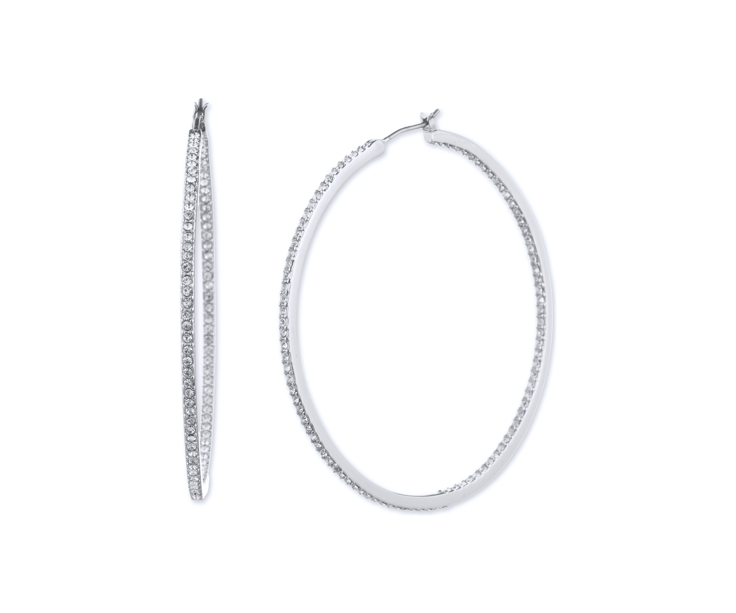 Silver Tone Crystal Large Click Top Pavé Hoop Earrings