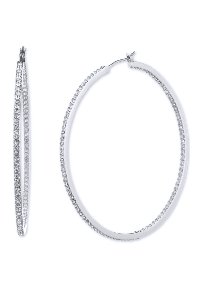 Silver Tone Crystal Large Click Top Pavé Hoop Earrings