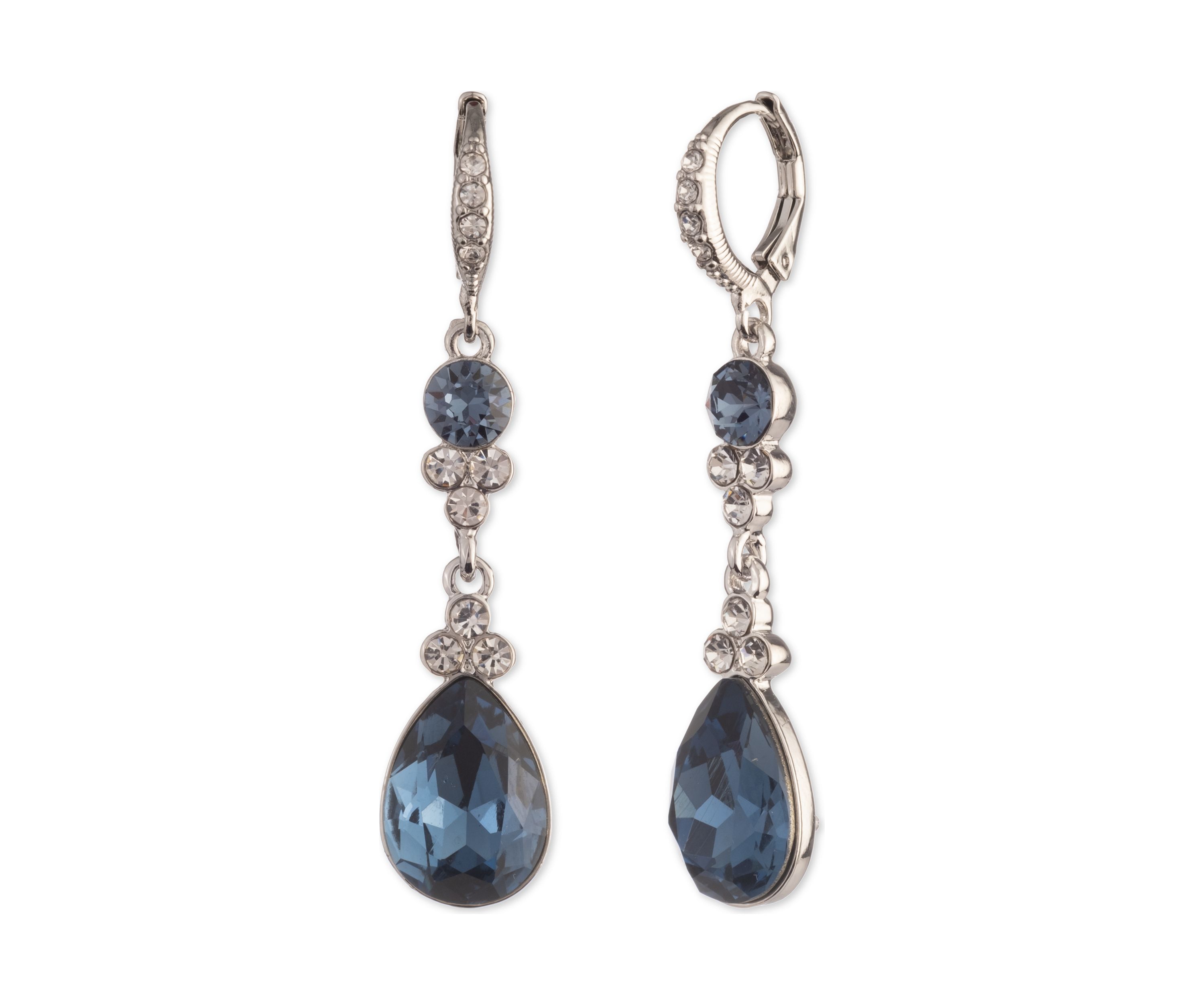   Silver Tone Denim Crystal Pear Double Drop Earrings 