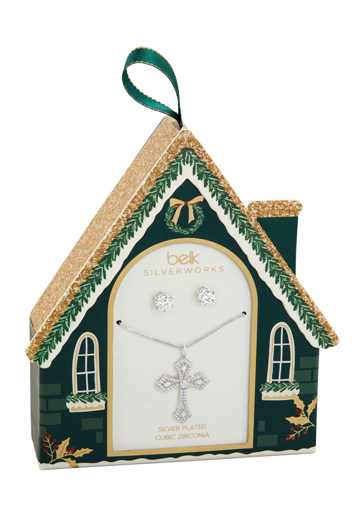 Plated Cubic Zirconia Round Studs and Pavé Cross Pendant Necklace Set