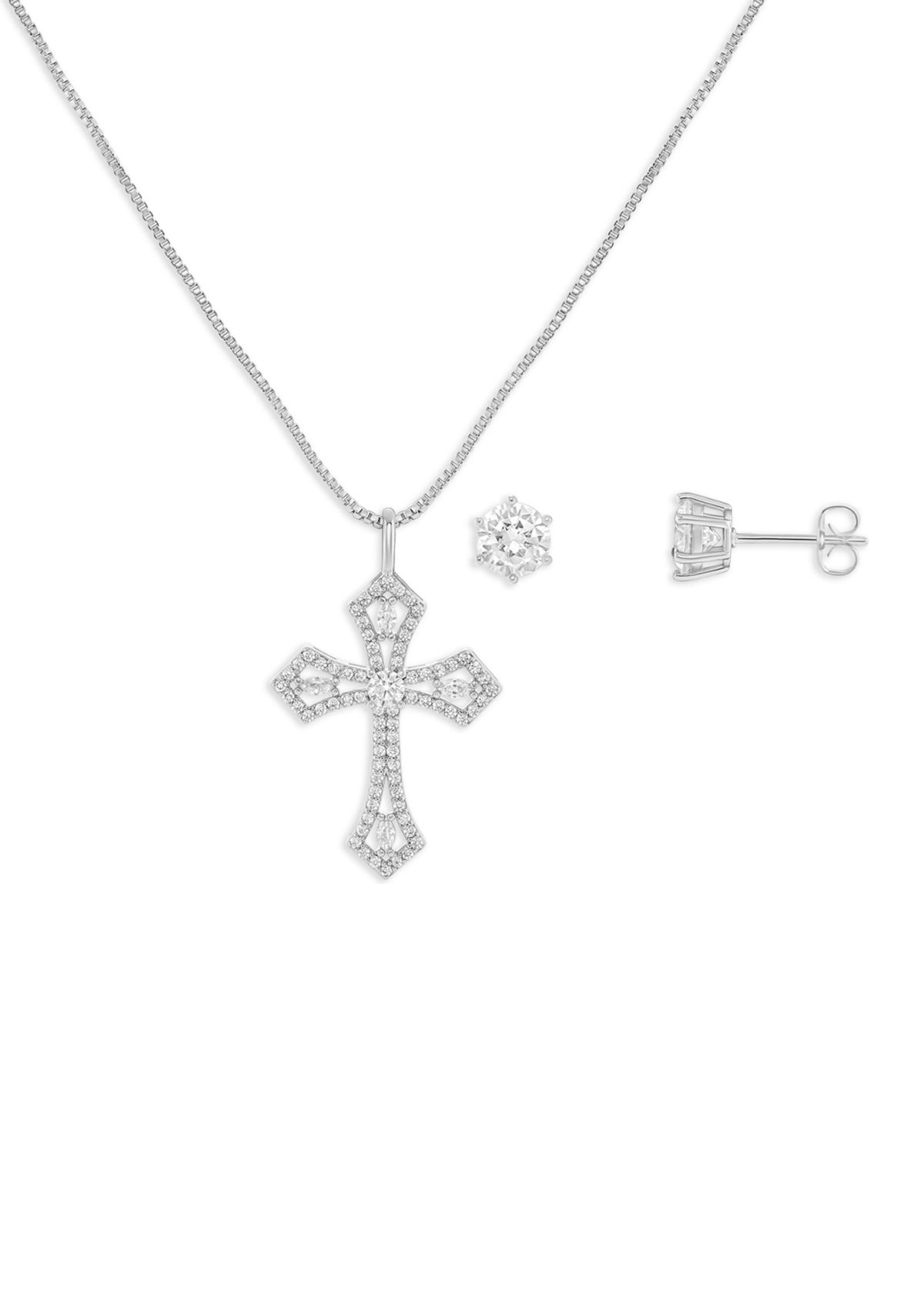 Plated Cubic Zirconia Round Studs and Pavé Cross Pendant Necklace Set