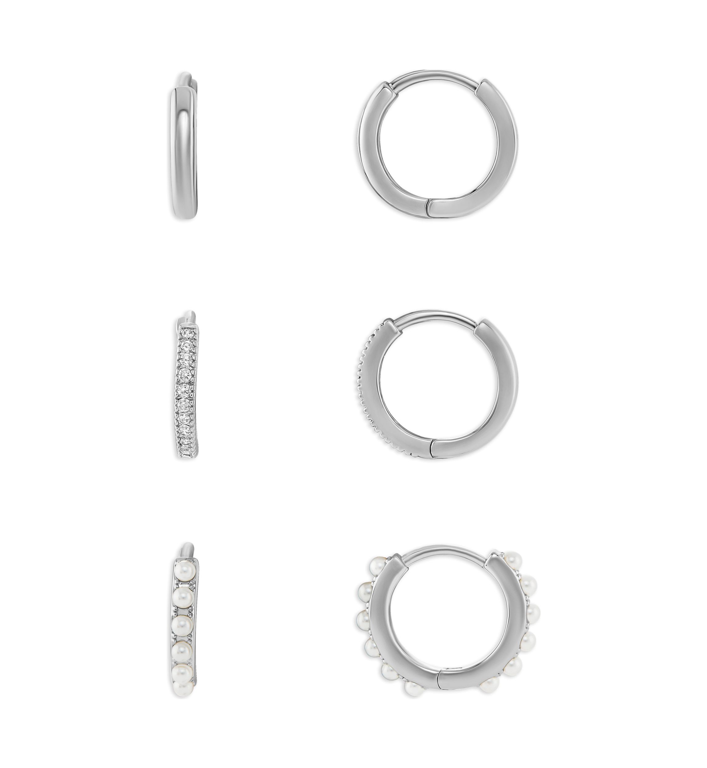 Plated Polished Pavé Cubic Zirconia and Pearl Triple Hoop Earring Set