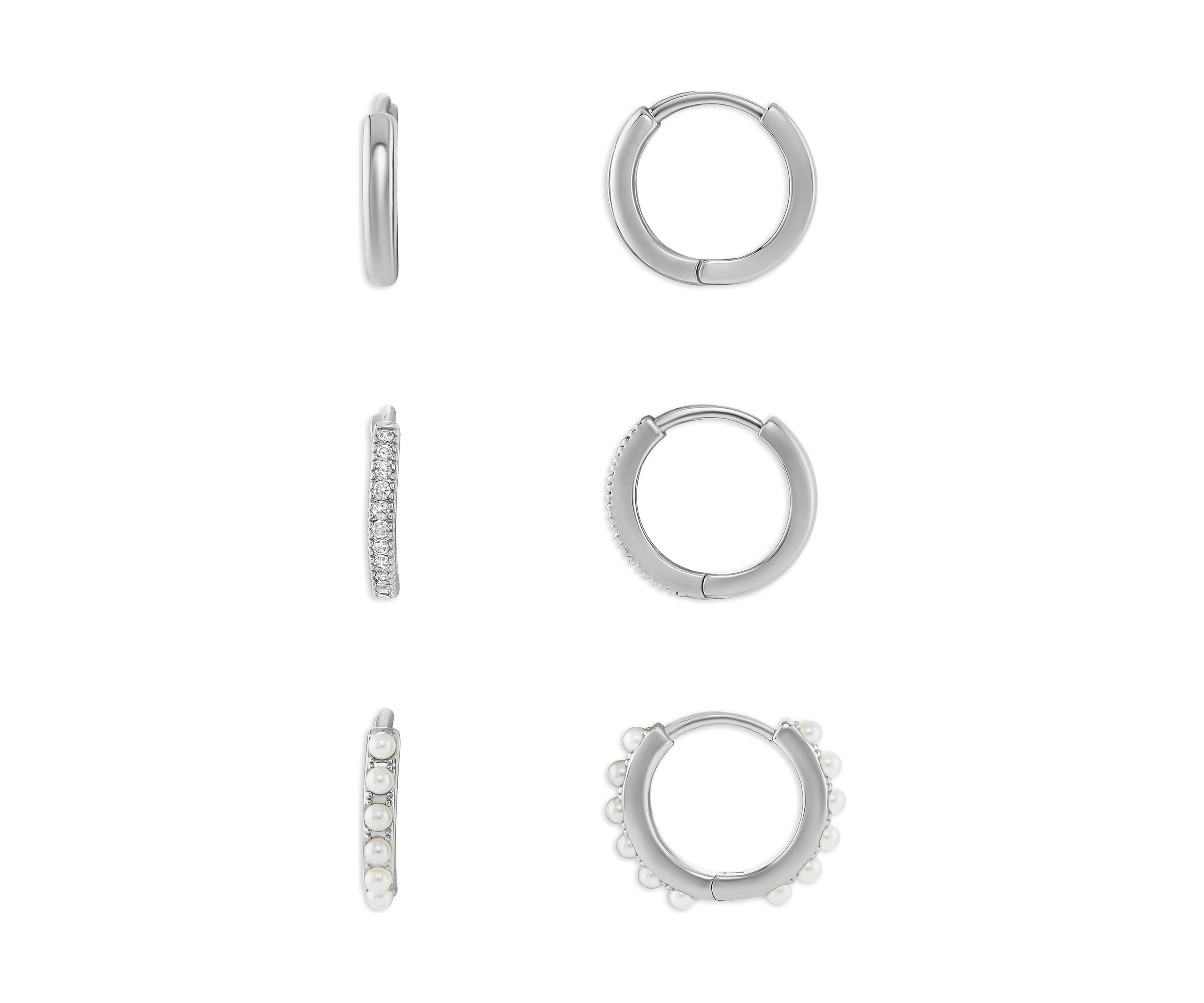 Plated Polished Pavé Cubic Zirconia and Pearl Triple Hoop Earring Set
