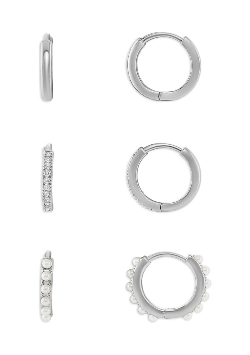 Plated Polished Pavé Cubic Zirconia and Pearl Triple Hoop Earring Set