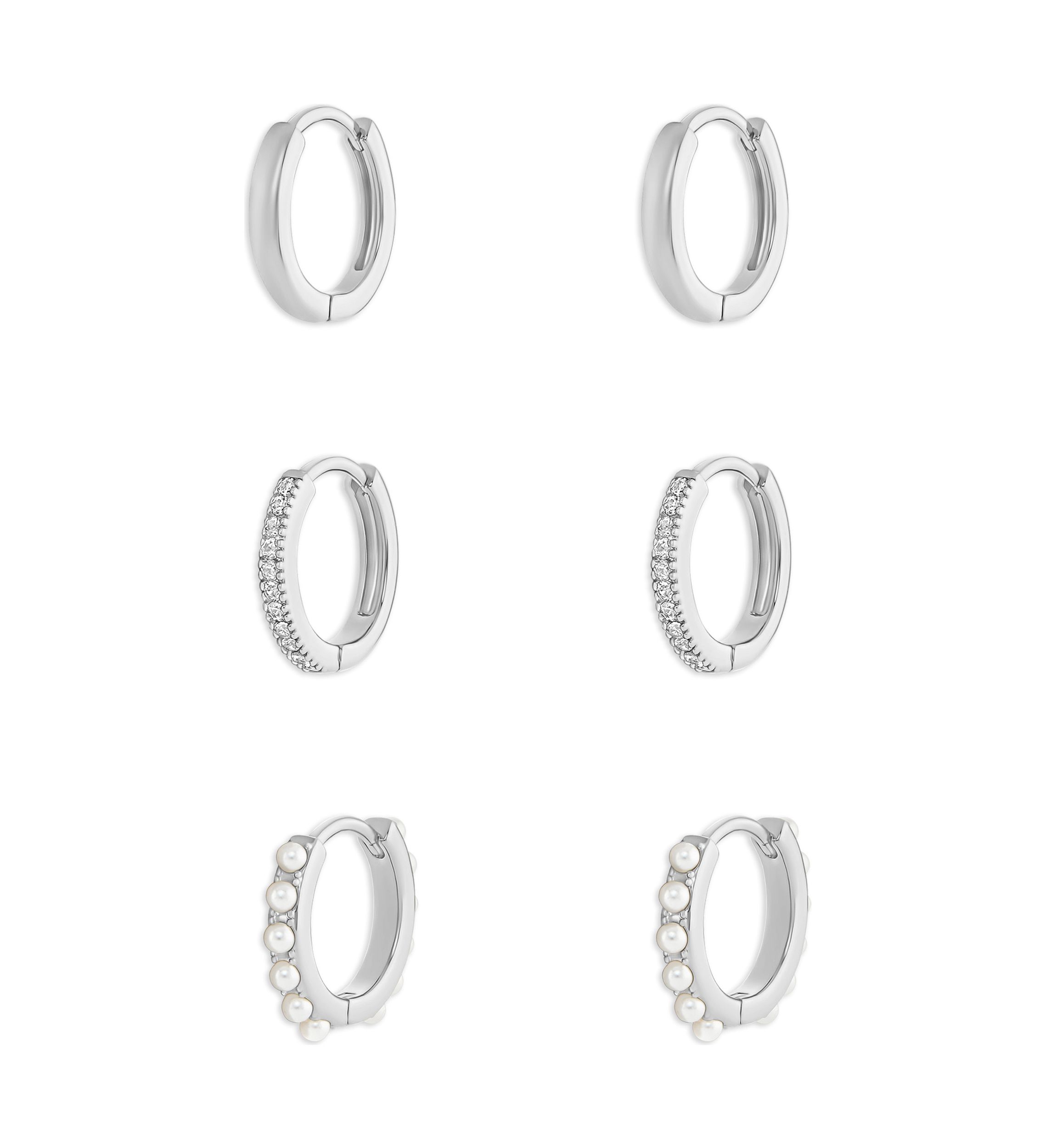 Plated Polished Pavé Cubic Zirconia and Pearl Triple Hoop Earring Set