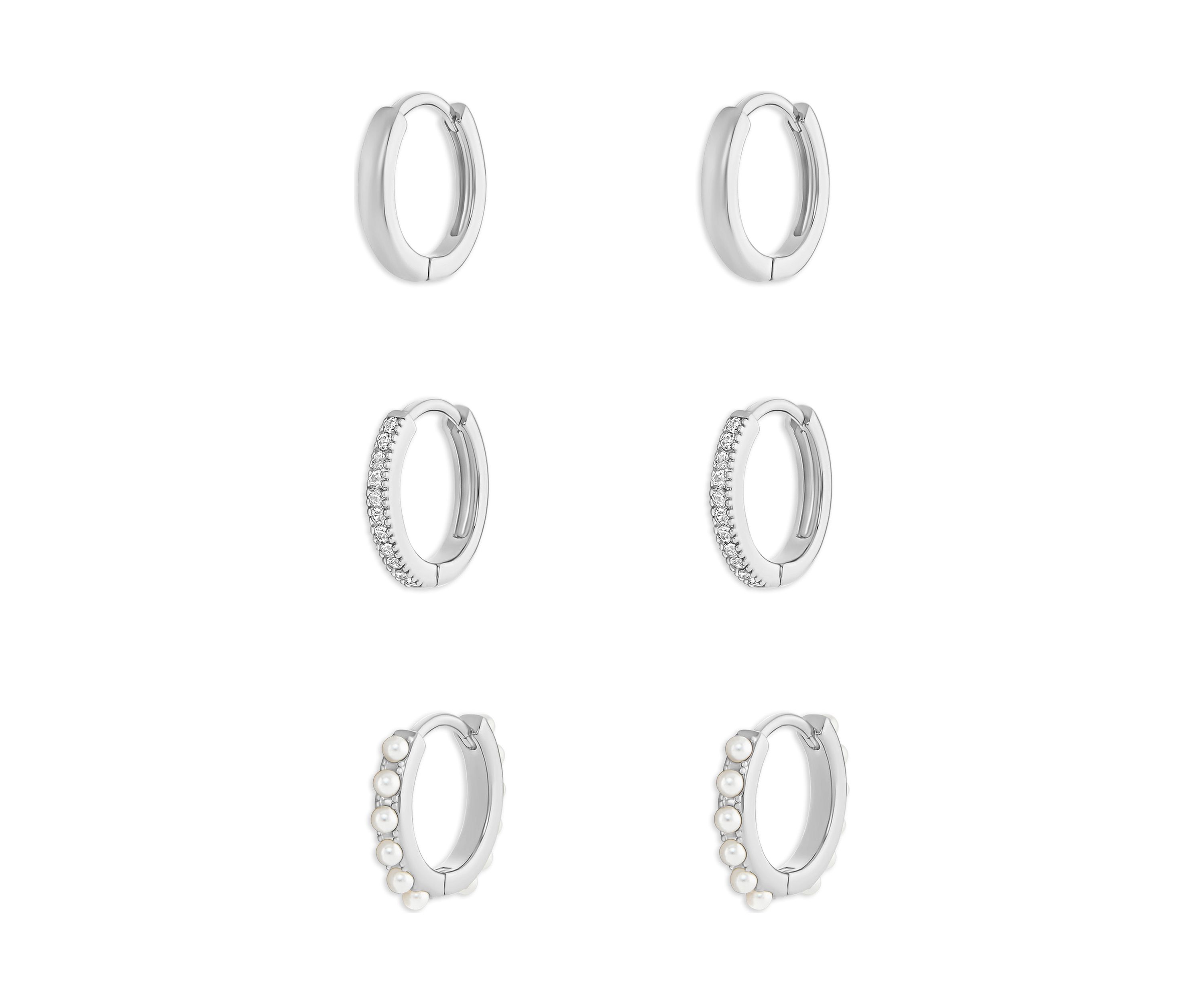Plated Polished Pavé Cubic Zirconia and Pearl Triple Hoop Earring Set