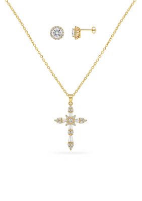 Belk Silverworks Fine Plated Cubic Zirconia Cross Pendant Necklace & Round Stud Earrings Set, Gold