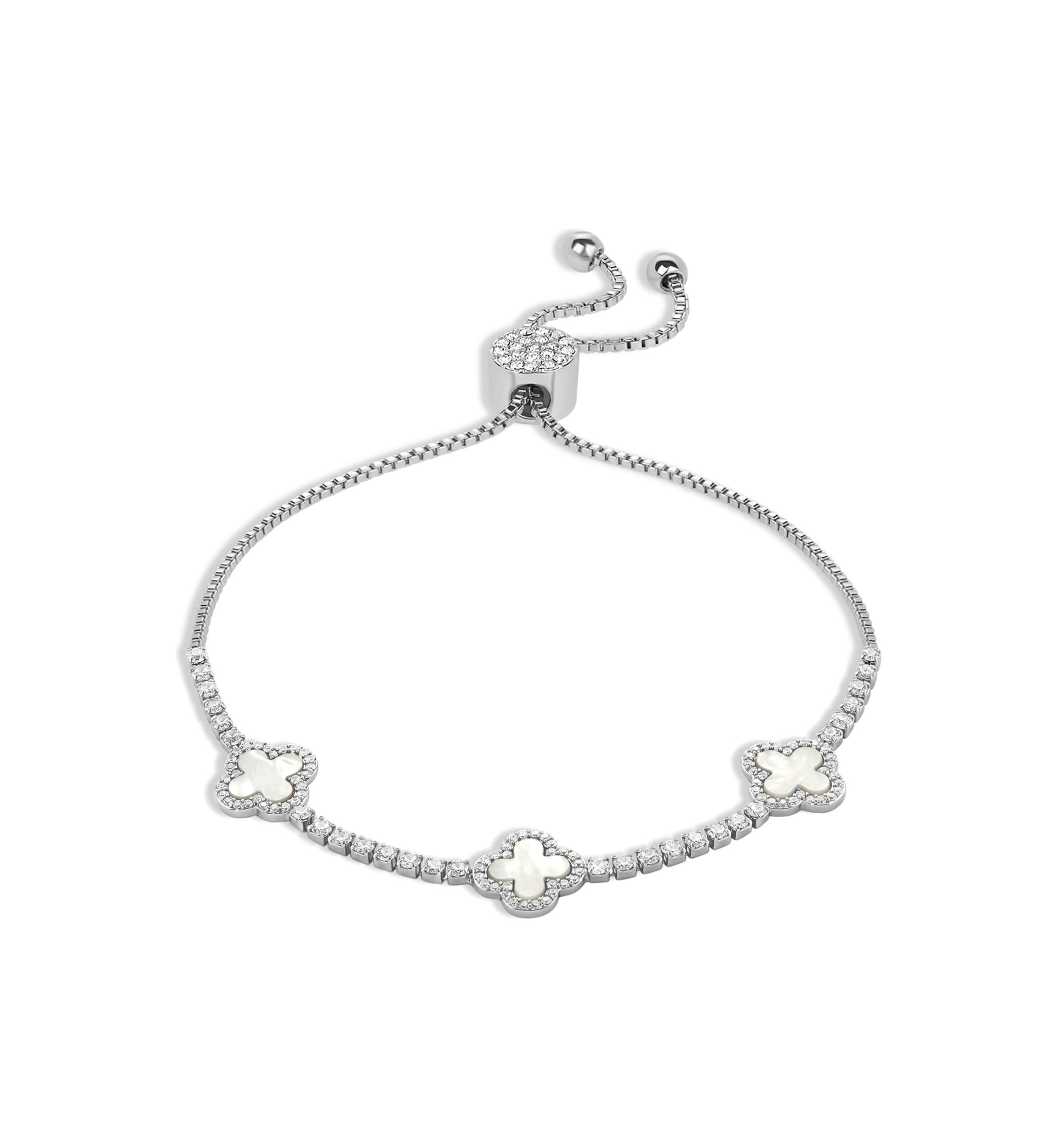 Silver Plated Cubic Zirconia & Mother of Pearl Triple Clover Adjustable Bracelet