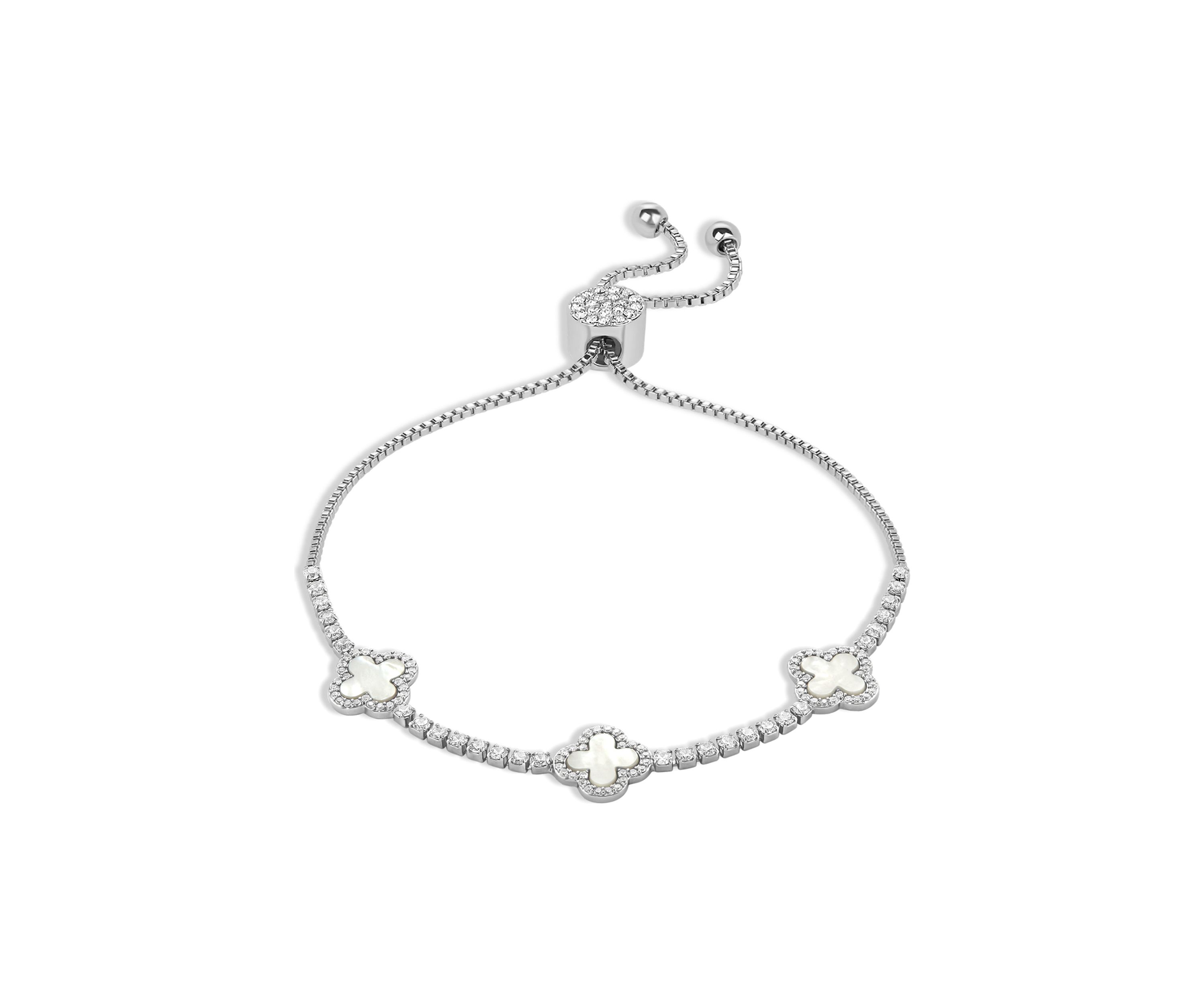 Silver Plated Cubic Zirconia & Mother of Pearl Triple Clover Adjustable Bracelet