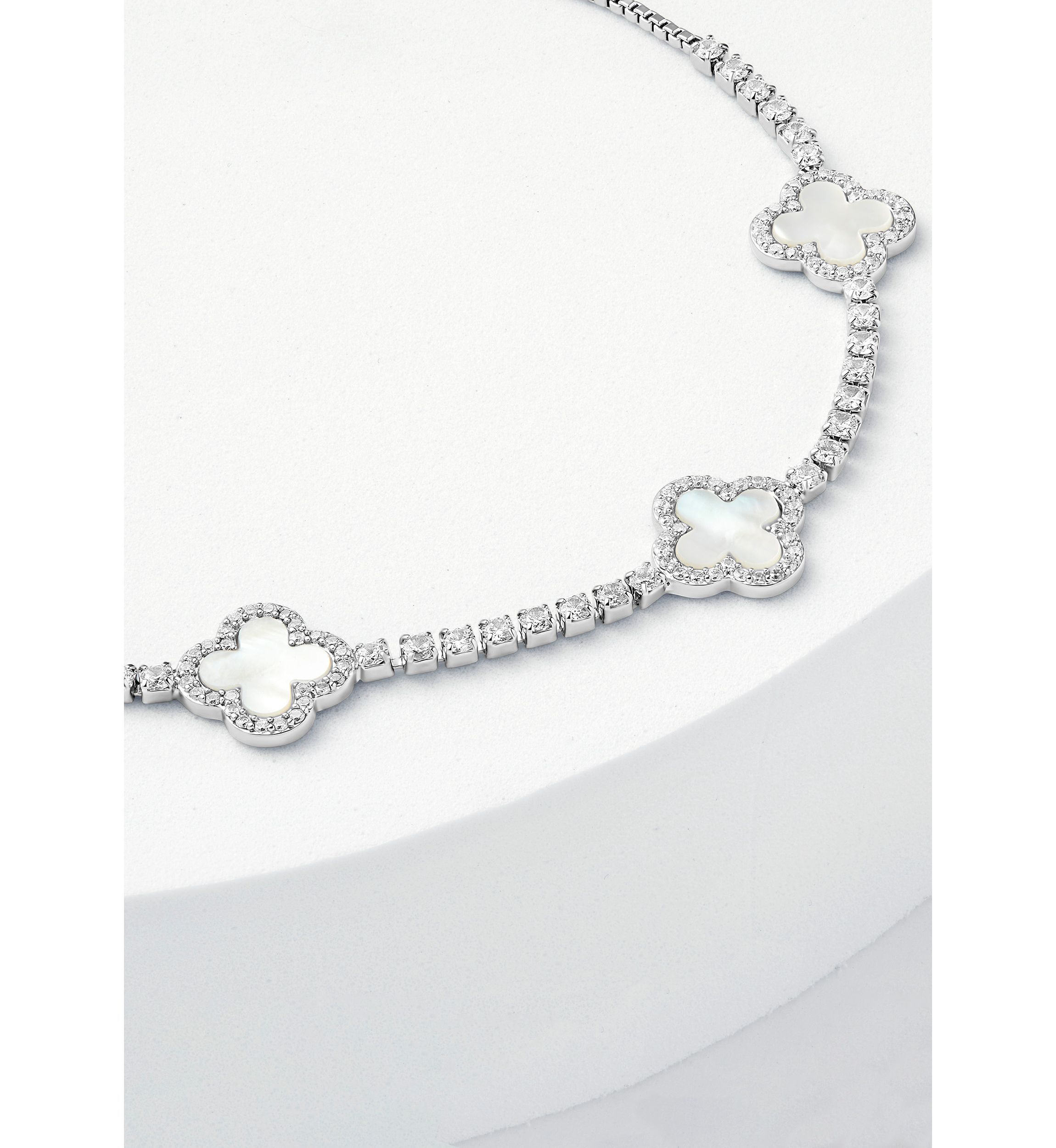 Silver Plated Cubic Zirconia & Mother of Pearl Triple Clover Adjustable Bracelet