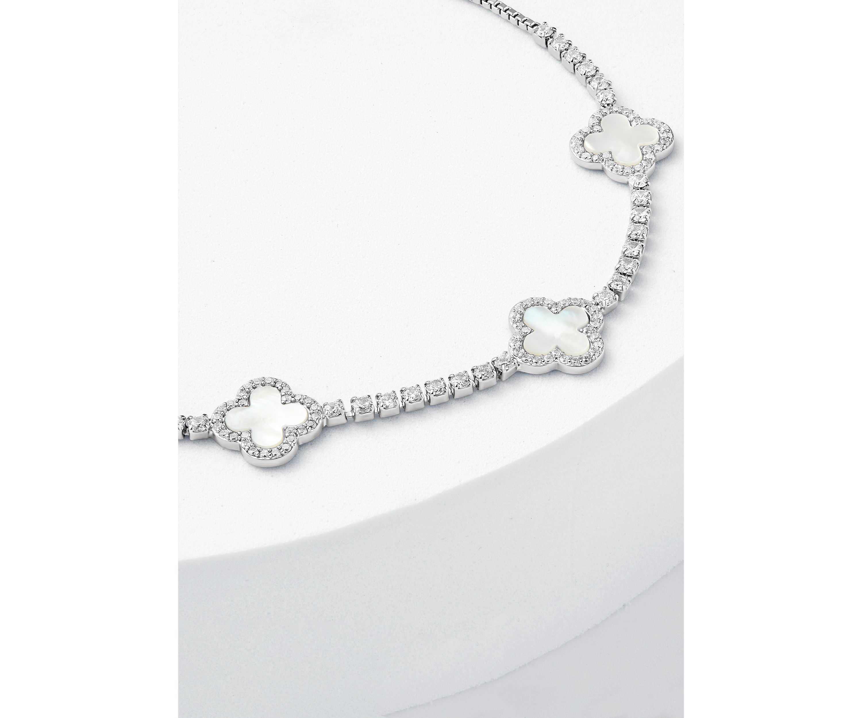 Silver Plated Cubic Zirconia & Mother of Pearl Triple Clover Adjustable Bracelet