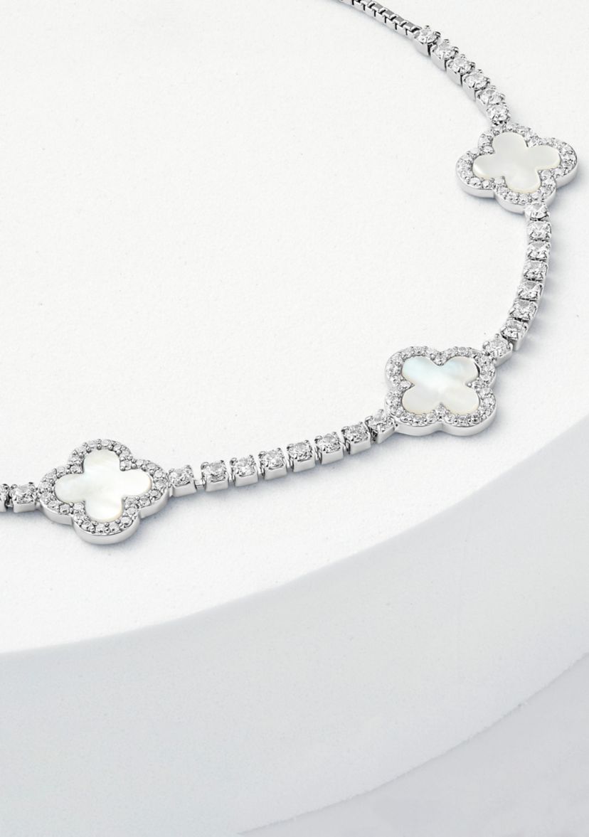 Silver Plated Cubic Zirconia & Mother of Pearl Triple Clover Adjustable Bracelet