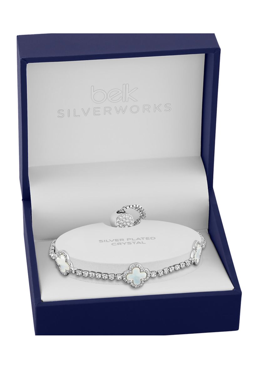 Silver Plated Cubic Zirconia & Mother of Pearl Triple Clover Adjustable Bracelet