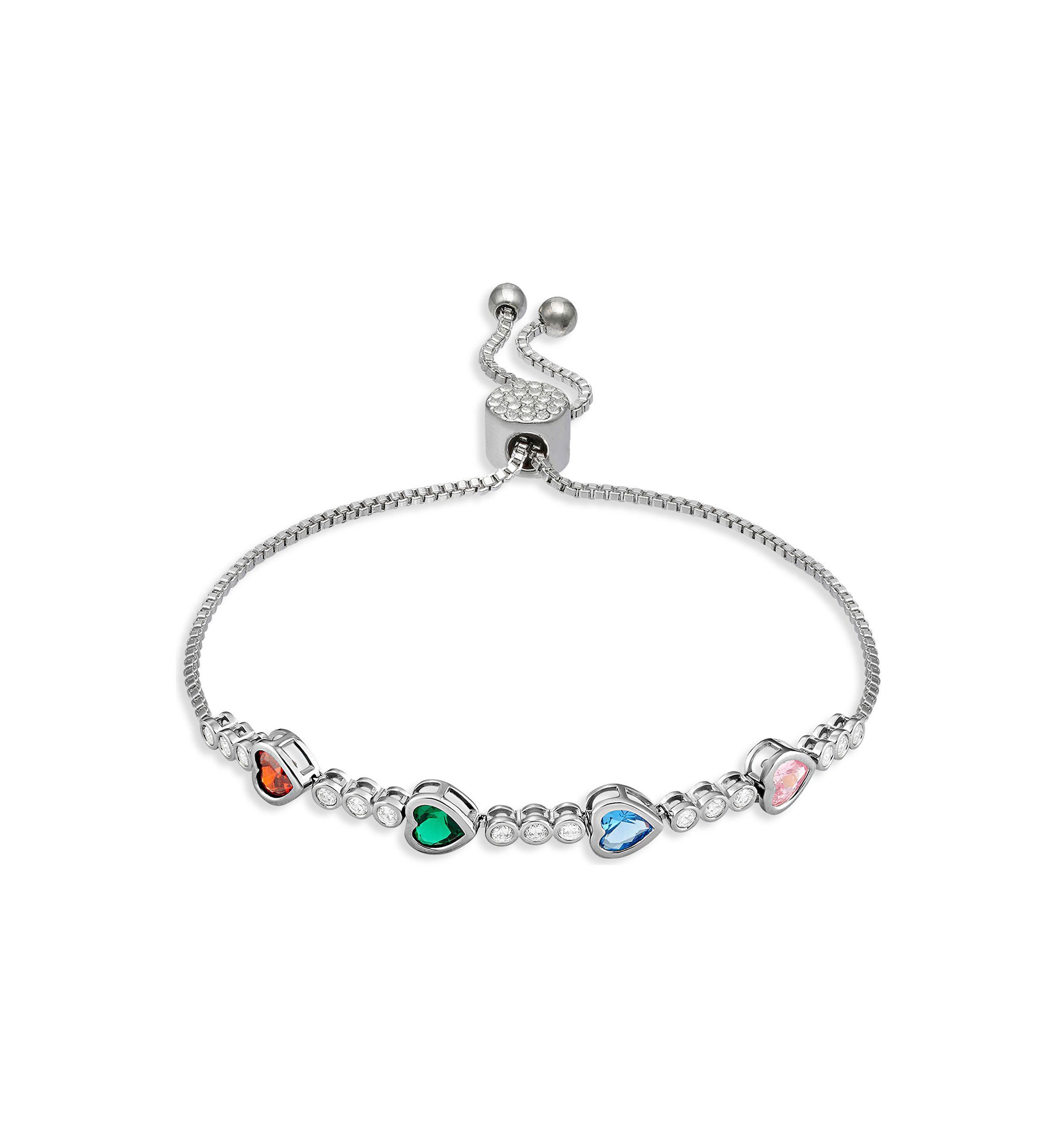 Silver Plated Multi Color Cubic Zirconia Hearts Adjustable Bracelet