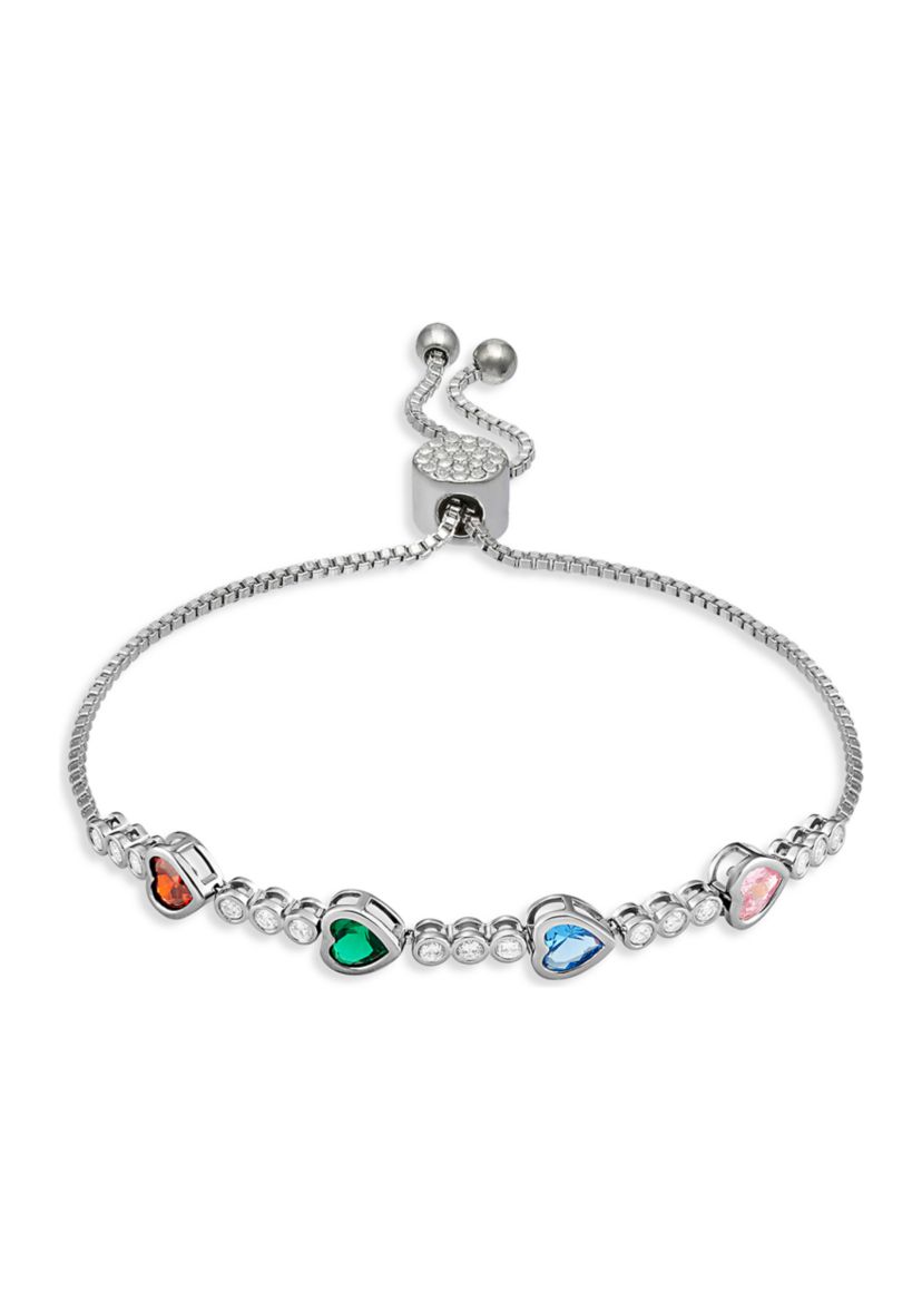 Silver Plated Multi Color Cubic Zirconia Hearts Adjustable Bracelet