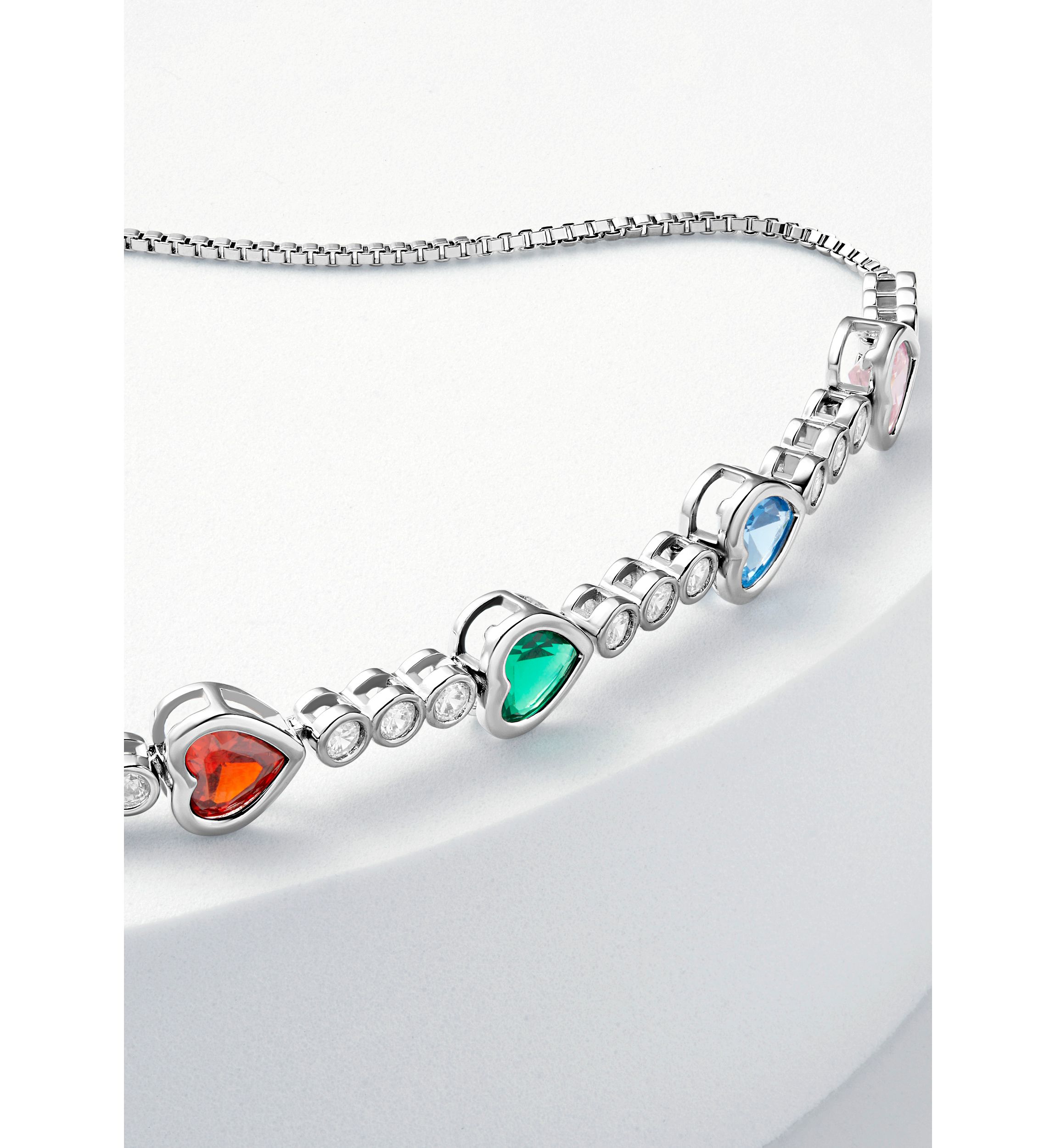 Silver Plated Multi Color Cubic Zirconia Hearts Adjustable Bracelet