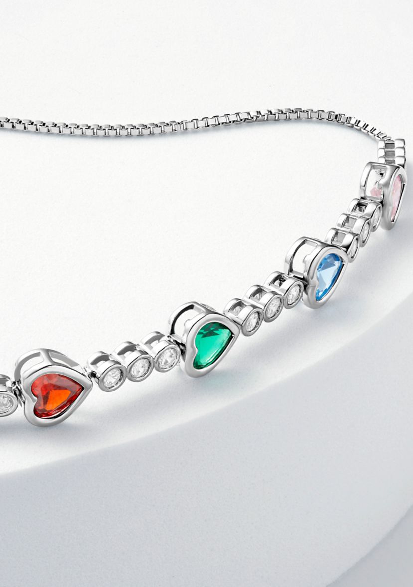 Silver Plated Multi Color Cubic Zirconia Hearts Adjustable Bracelet