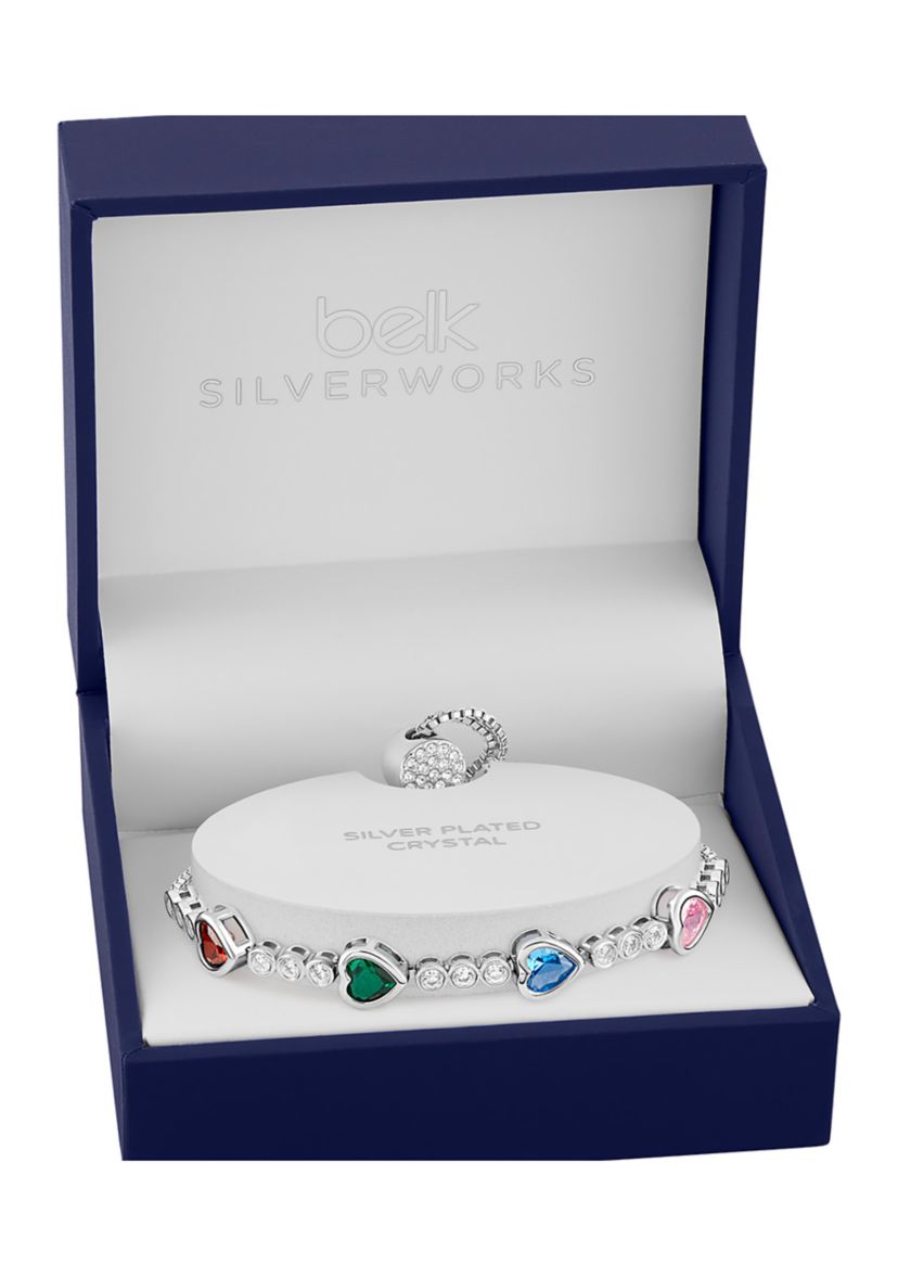 Silver Plated Multi Color Cubic Zirconia Hearts Adjustable Bracelet