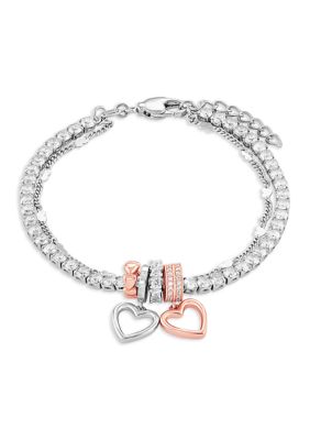 Belk Silverworks Silver Plated Two-Tone Cubic Zirconia Heart Charm Double-Strand Tennis Bracelet