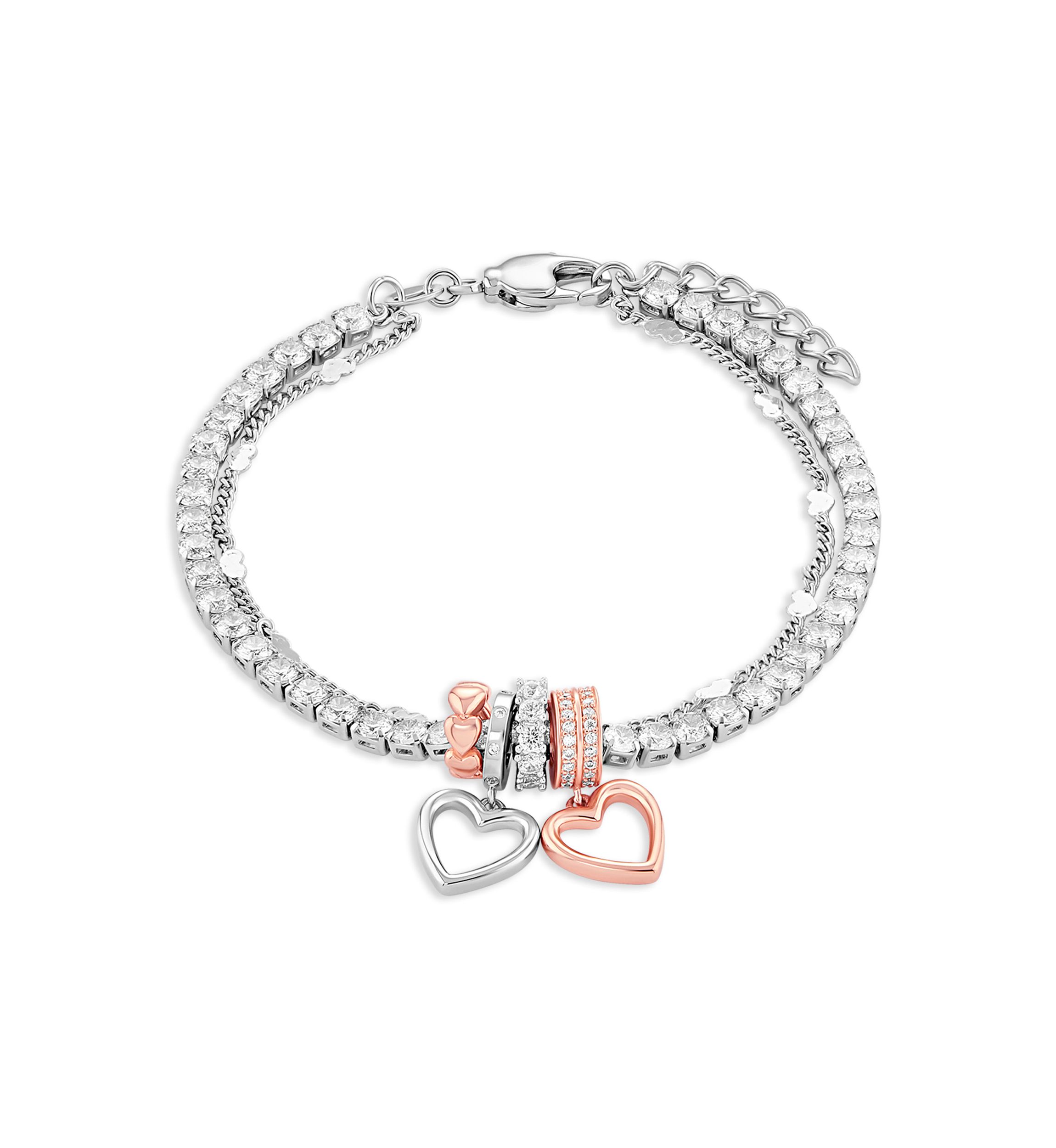 Silver Plated Two-Tone Cubic Zirconia Heart Charm Double-Strand Tennis Bracelet