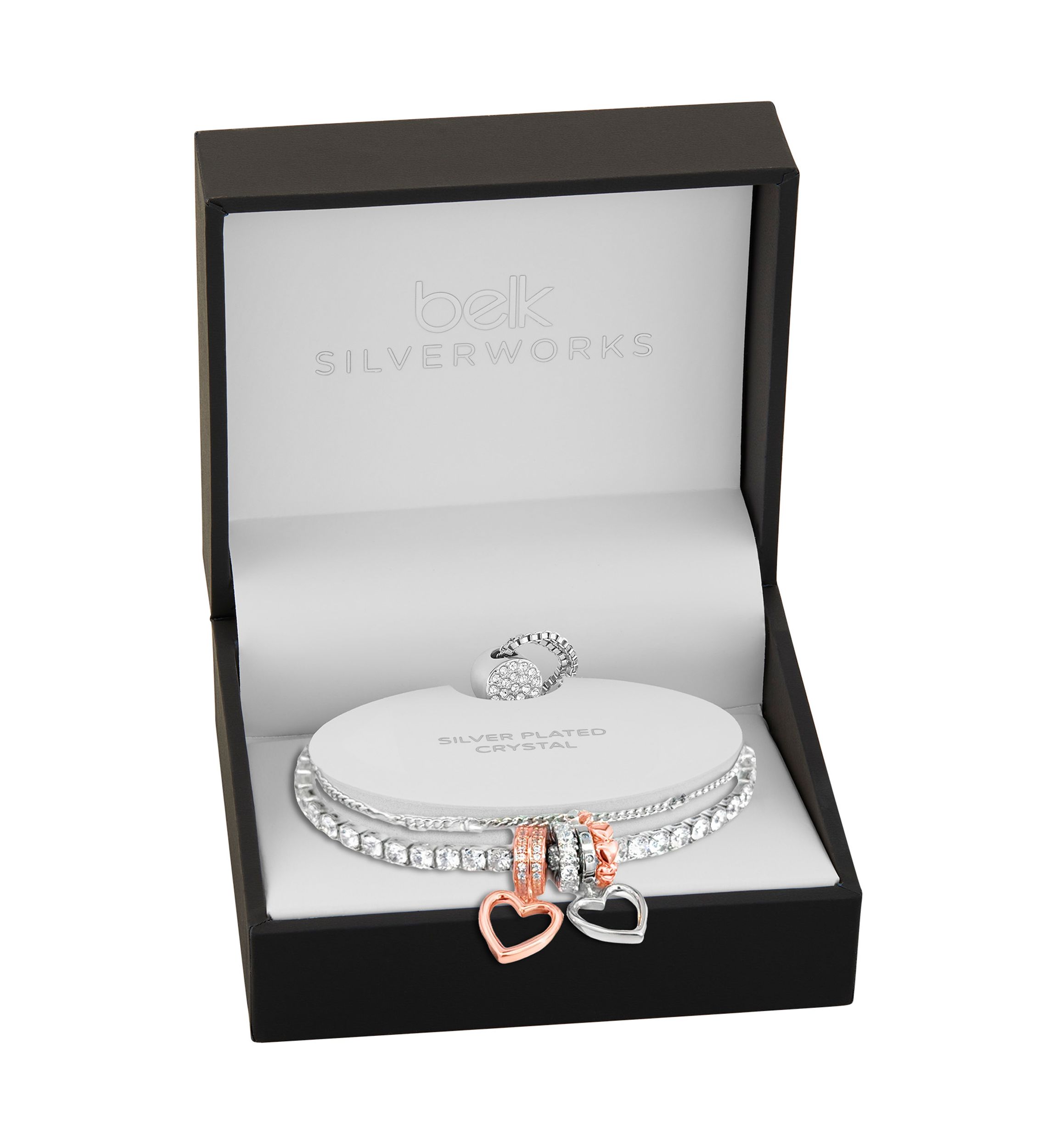 Silver Plated Two-Tone Cubic Zirconia Heart Charm Double-Strand Tennis Bracelet