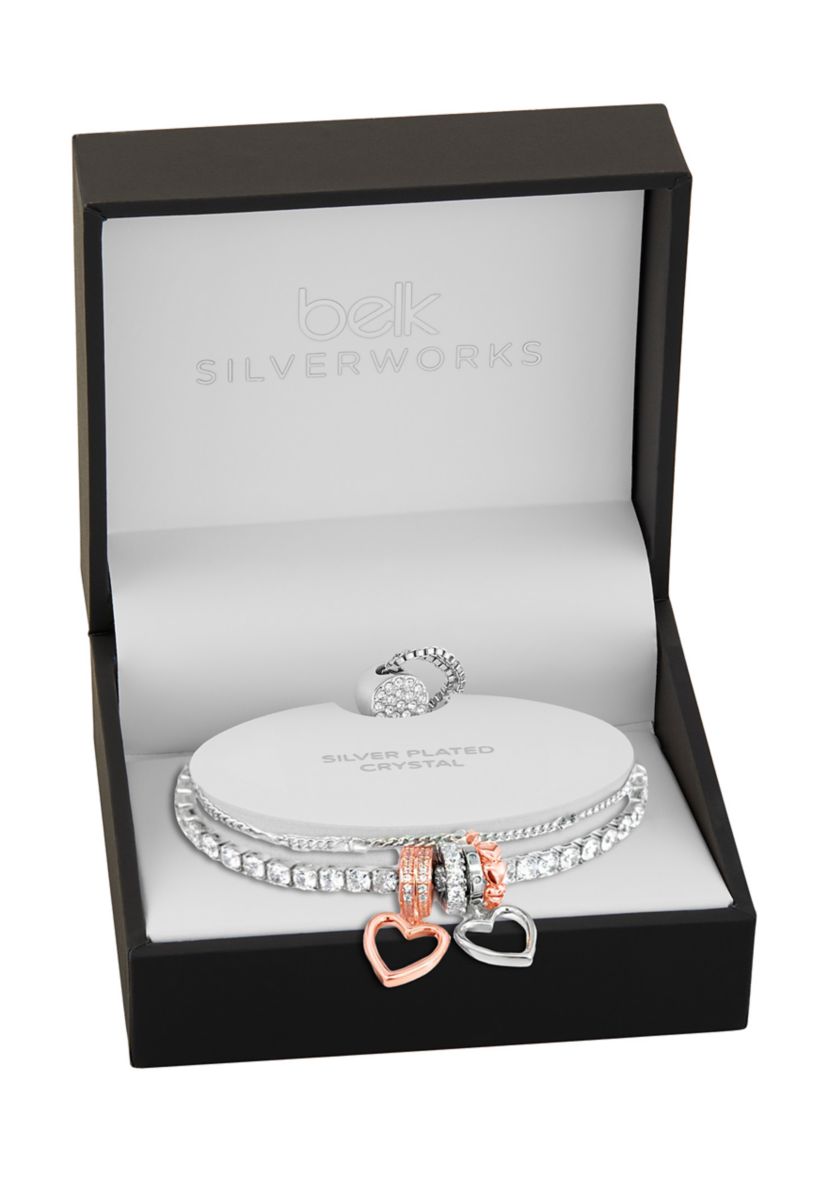 Silver Plated Two-Tone Cubic Zirconia Heart Charm Double-Strand Tennis Bracelet