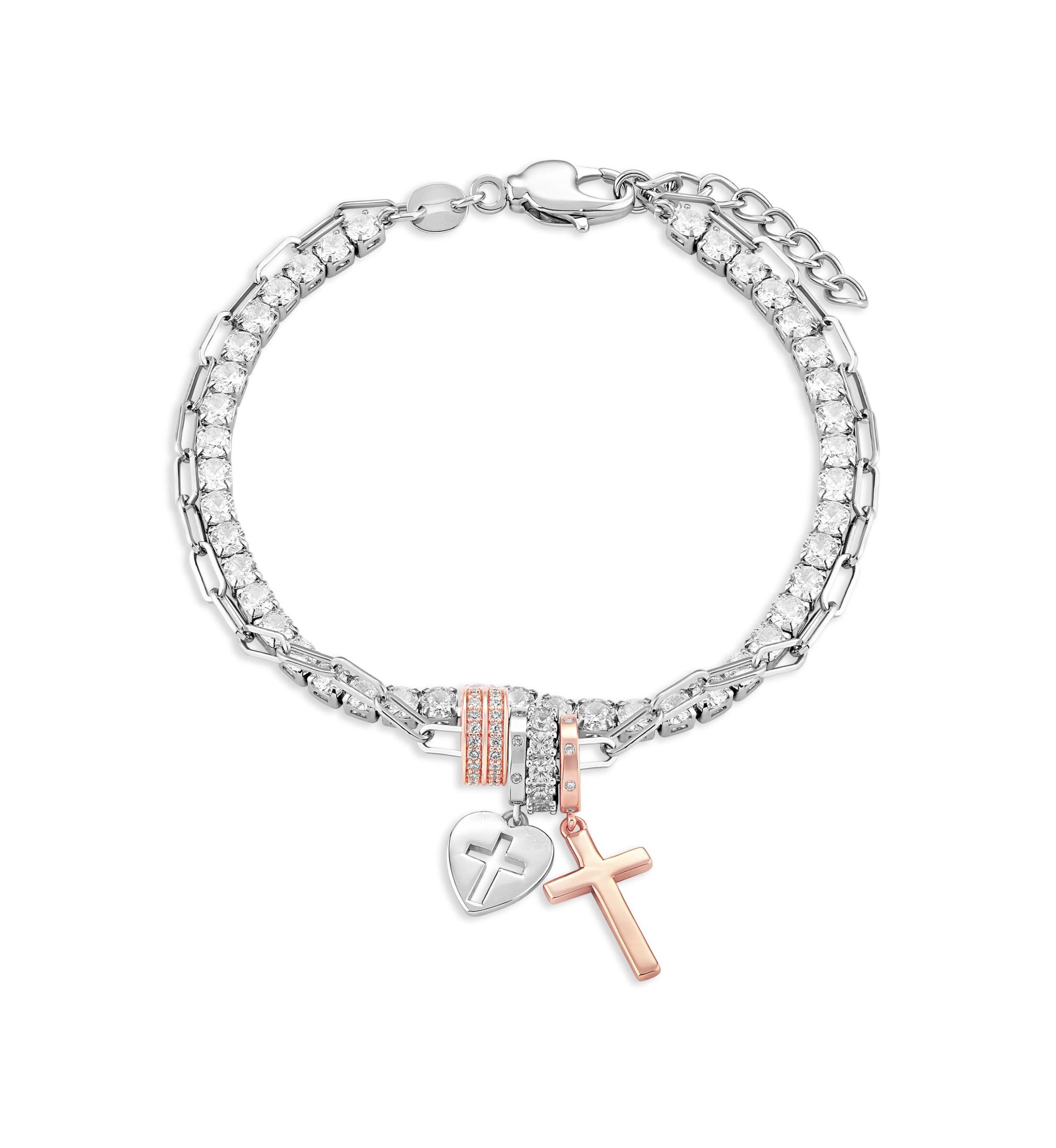 Two Tone Silver Plated Cubic Zirconia Cross Charm Multistrand Tennis Bracelet