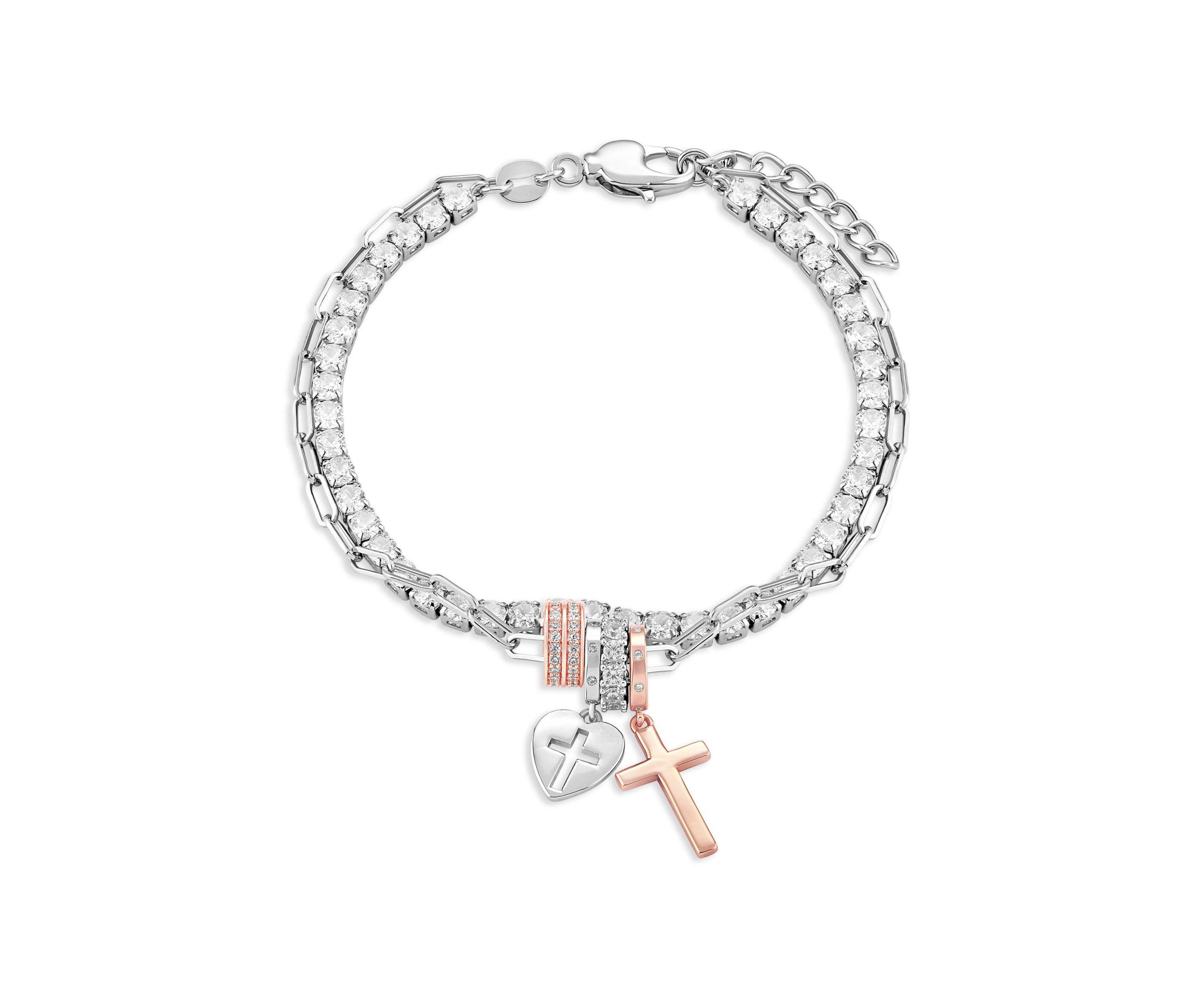 Two Tone Silver Plated Cubic Zirconia Cross Charm Multistrand Tennis Bracelet