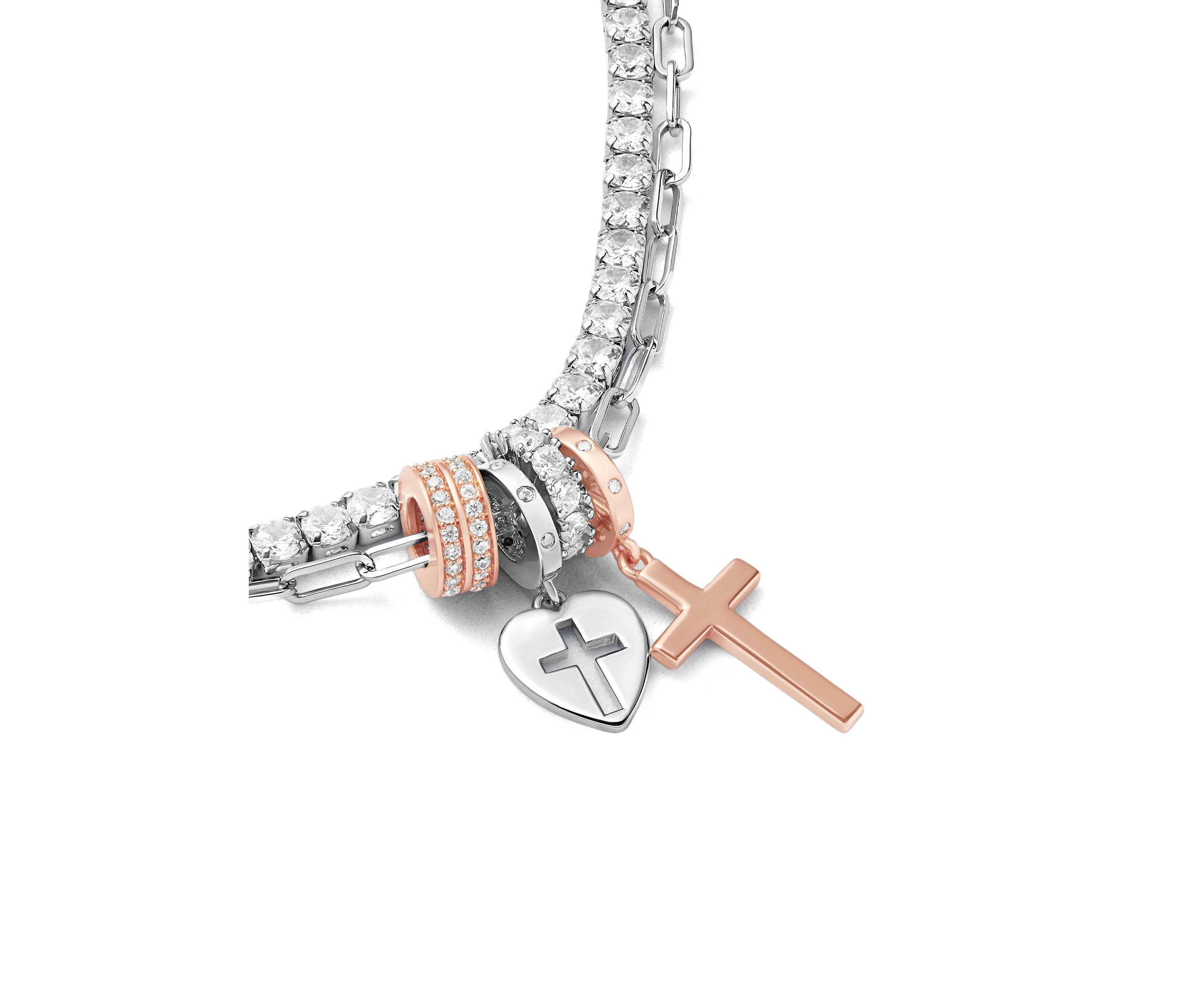 Two Tone Silver Plated Cubic Zirconia Cross Charm Multistrand Tennis Bracelet