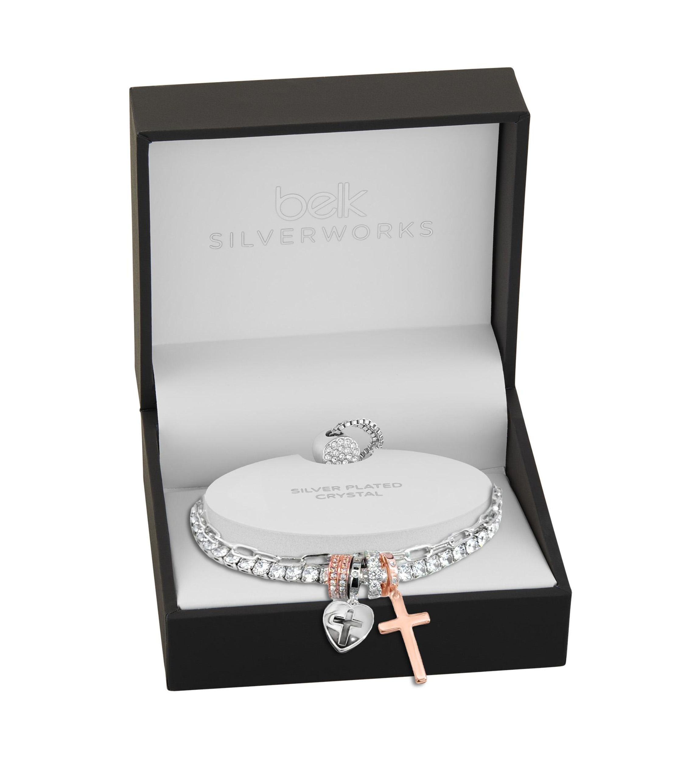 Two Tone Silver Plated Cubic Zirconia Cross Charm Multistrand Tennis Bracelet