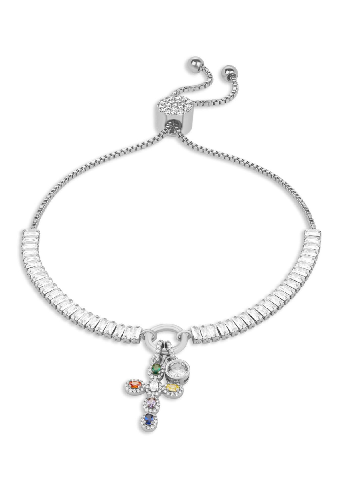 Silver Plated Baguette CZ Multi Color Cross Charm Adjustable Bracelet