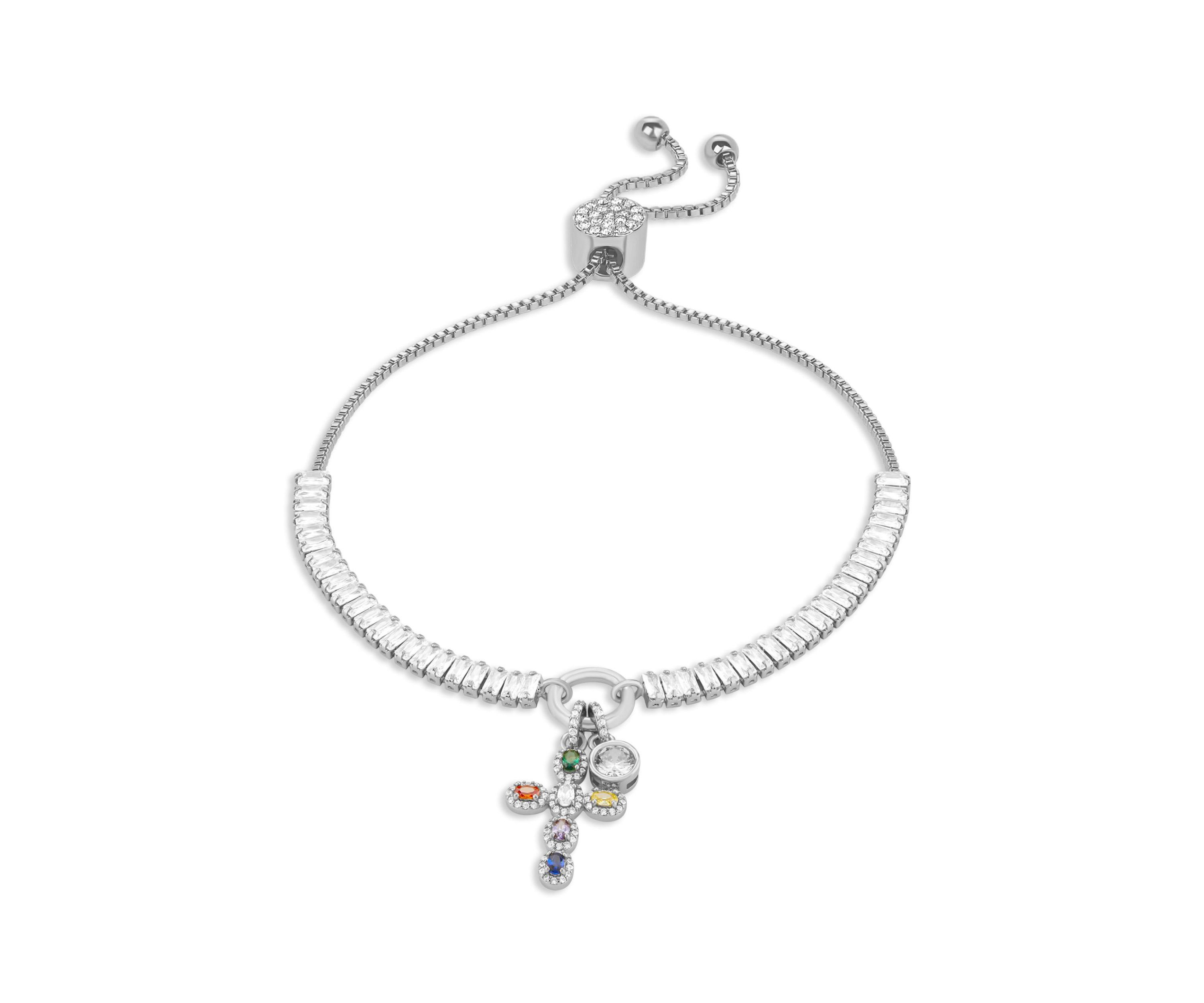 Silver Plated Baguette CZ Multi Color Cross Charm Adjustable Bracelet