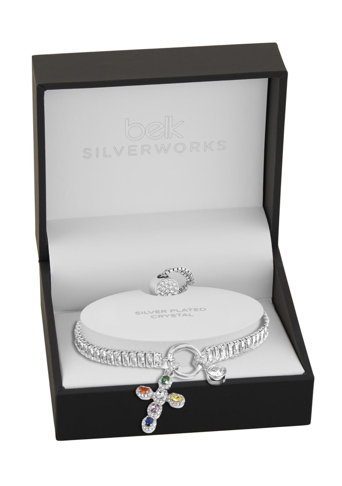 Silver Plated Baguette CZ Multi Color Cross Charm Adjustable Bracelet