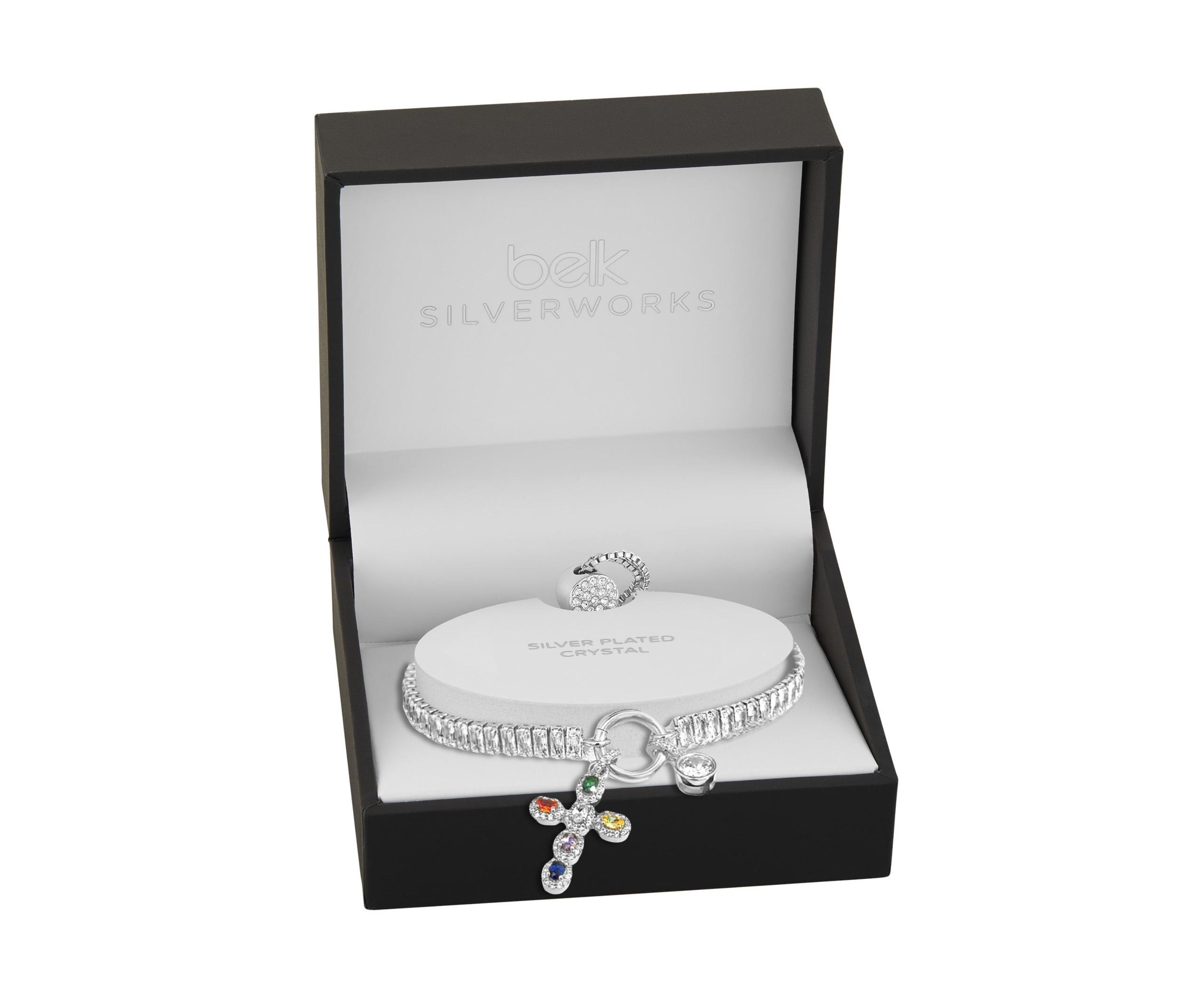 Silver Plated Baguette CZ Multi Color Cross Charm Adjustable Bracelet