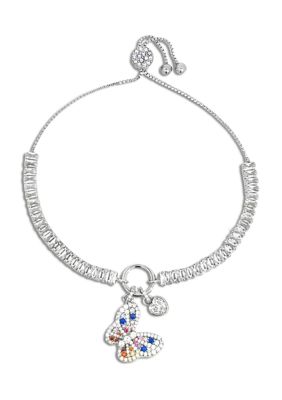 Belk Silverworks Silver Plated Baguette CZ Multi Color Butterfly Charm Adjustable Bracelet, 10 in
