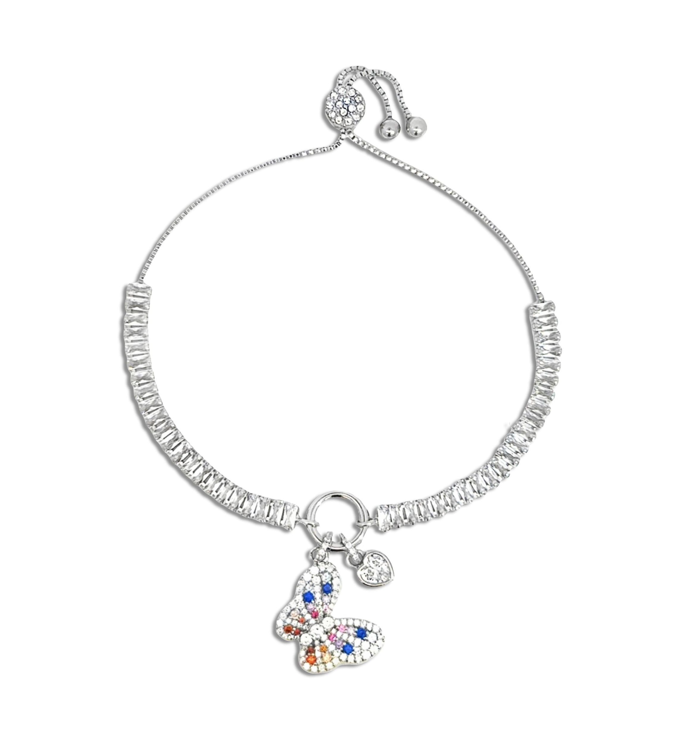 Silver Plated Baguette CZ Multi Color Butterfly Charm Adjustable Bracelet