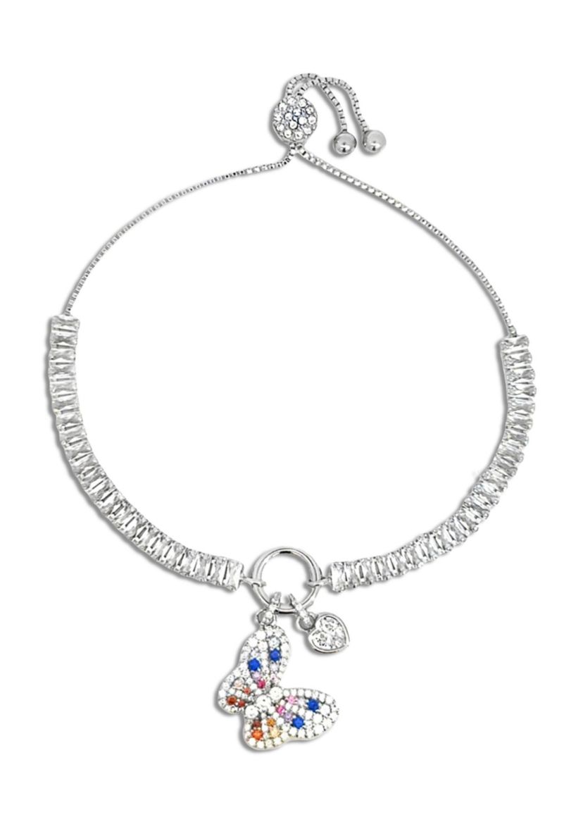 Silver Plated Baguette CZ Multi Color Butterfly Charm Adjustable Bracelet