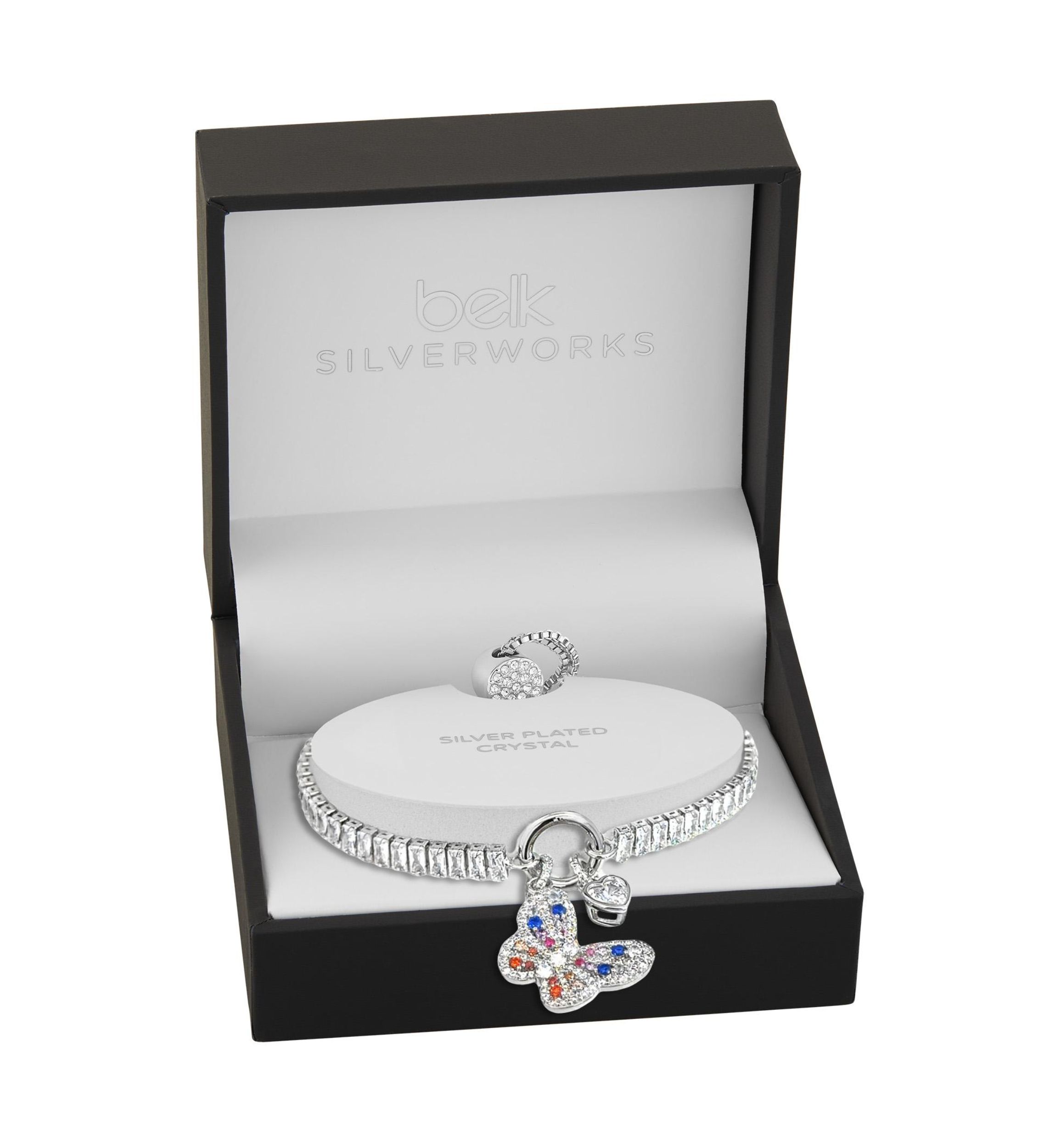 Silver Plated Baguette CZ Multi Color Butterfly Charm Adjustable Bracelet