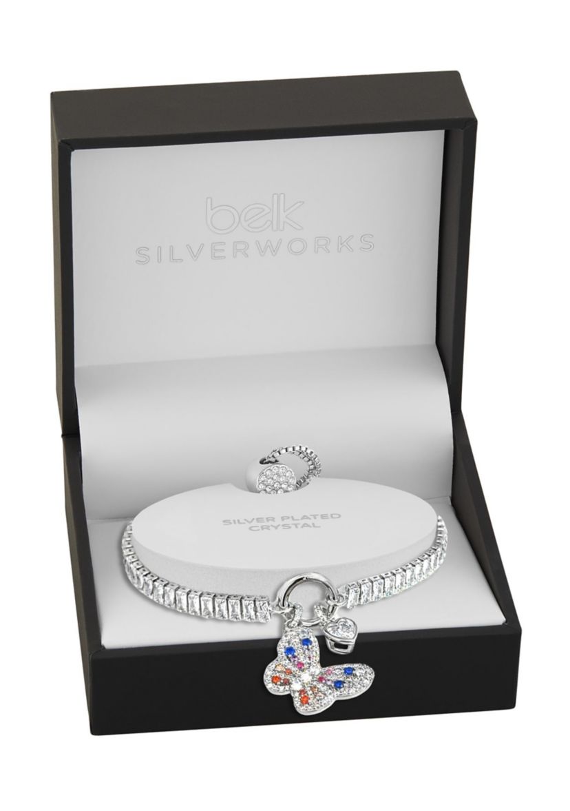 Silver Plated Baguette CZ Multi Color Butterfly Charm Adjustable Bracelet