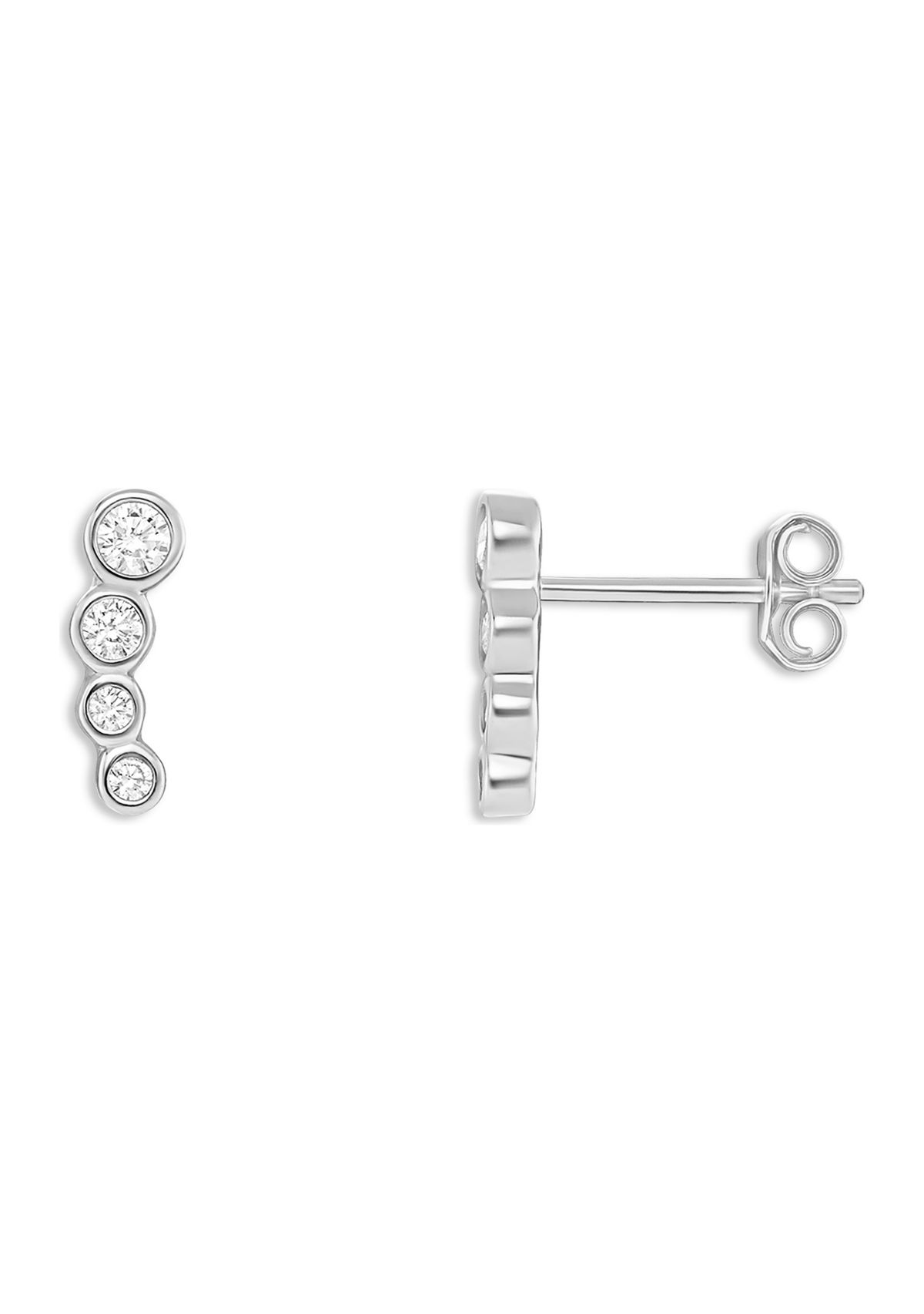 Sterling Silver Cubic Zirconia Bezel Graduated Crawler Stud Earrings