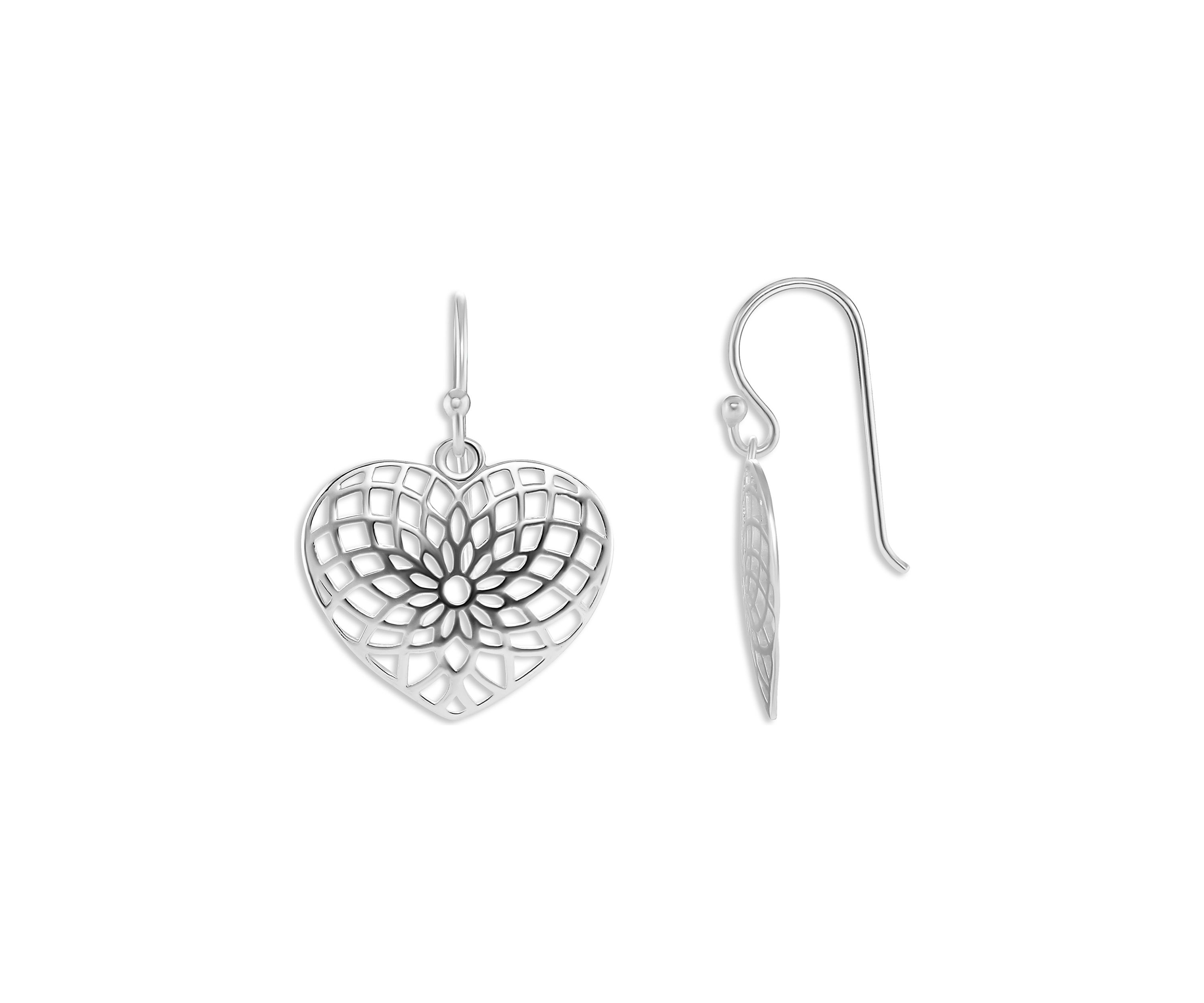 Sterling Silver Polished Filigree Heart Drop Earrings
