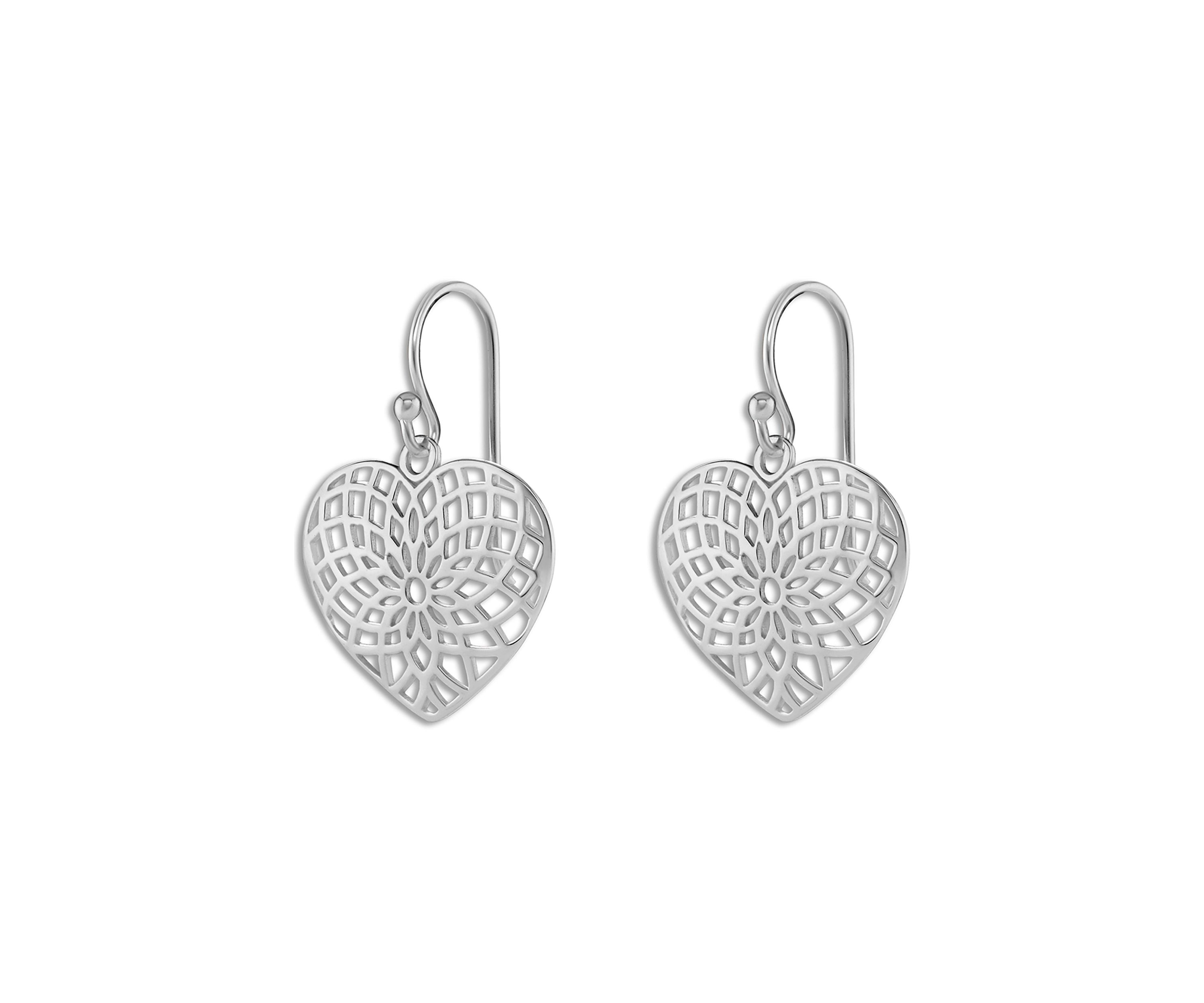 Sterling Silver Polished Filigree Heart Drop Earrings