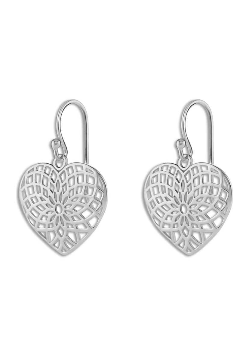 Sterling Silver Polished Filigree Heart Drop Earrings