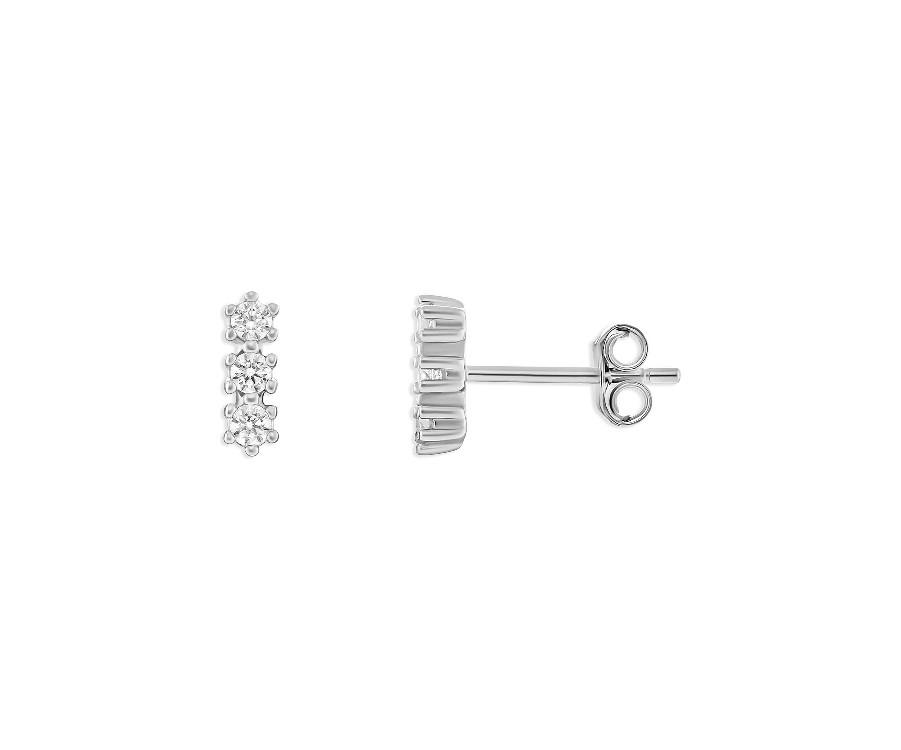 Sterling Silver Triple Round Cubic Zirconia Bar Stud Earrings
