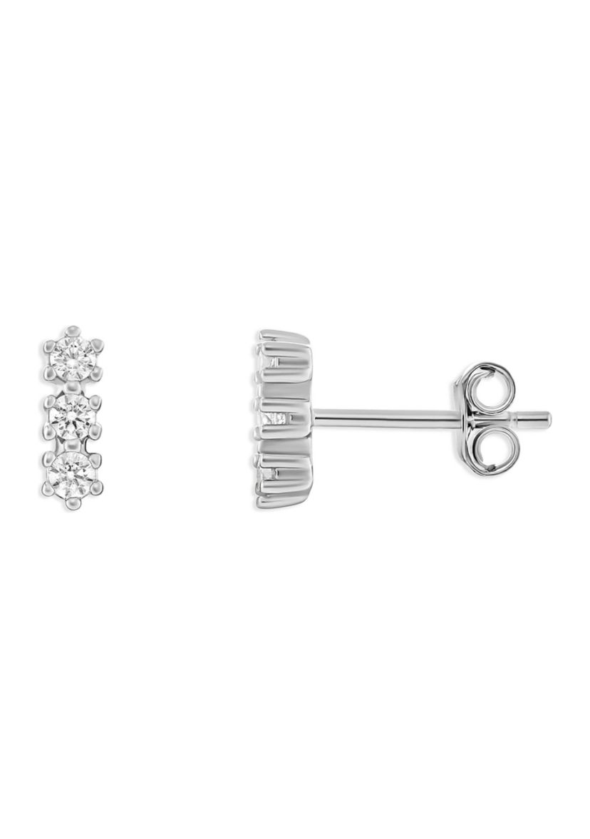 Sterling Silver Triple Round Cubic Zirconia Bar Stud Earrings