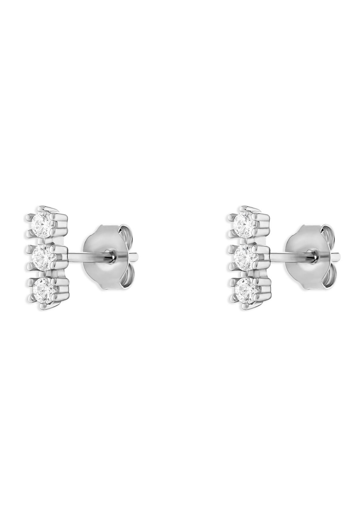 Sterling Silver Triple Round Cubic Zirconia Bar Stud Earrings