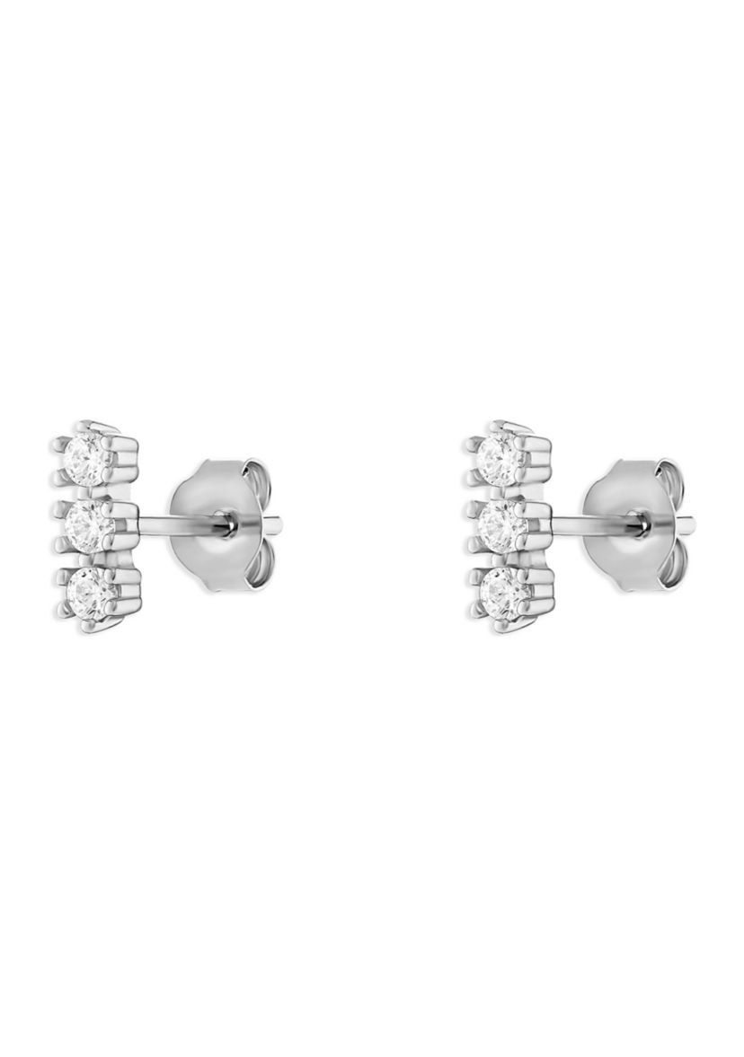 Sterling Silver Triple Round Cubic Zirconia Bar Stud Earrings