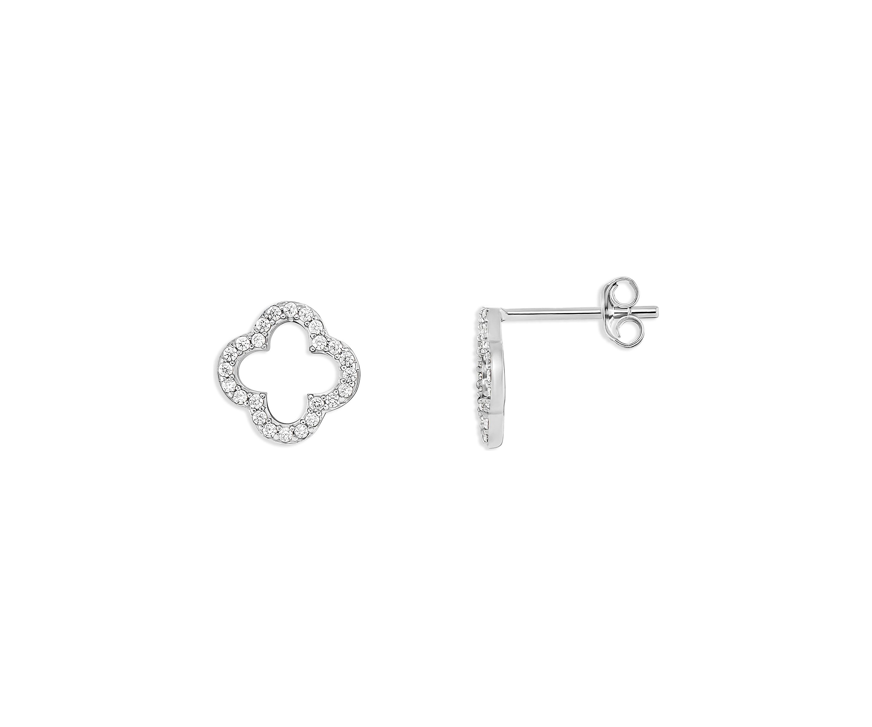Sterling Silver Pave Cubic Zirconia Quatrefoil Stud Earrings