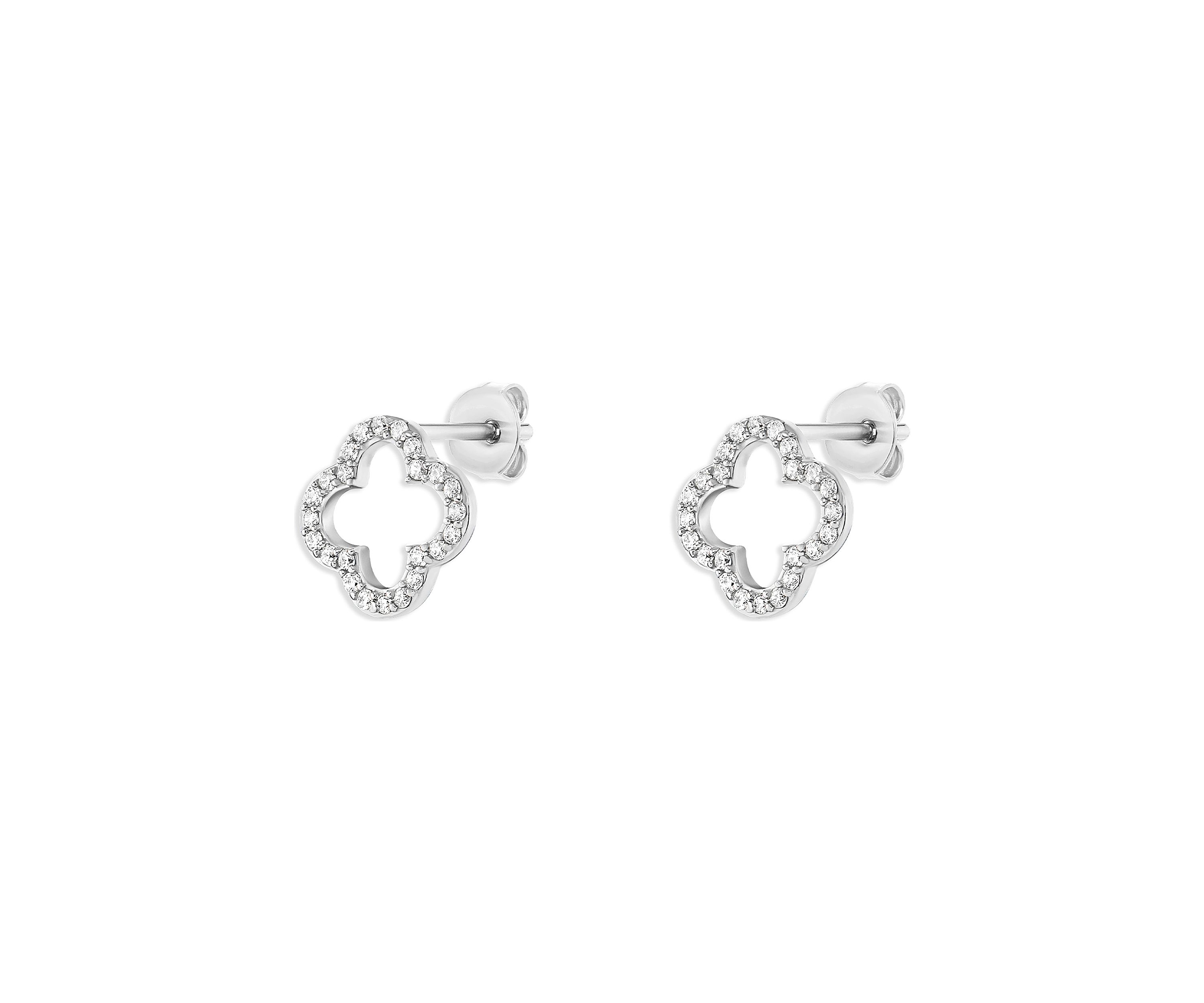 Sterling Silver Pave Cubic Zirconia Quatrefoil Stud Earrings